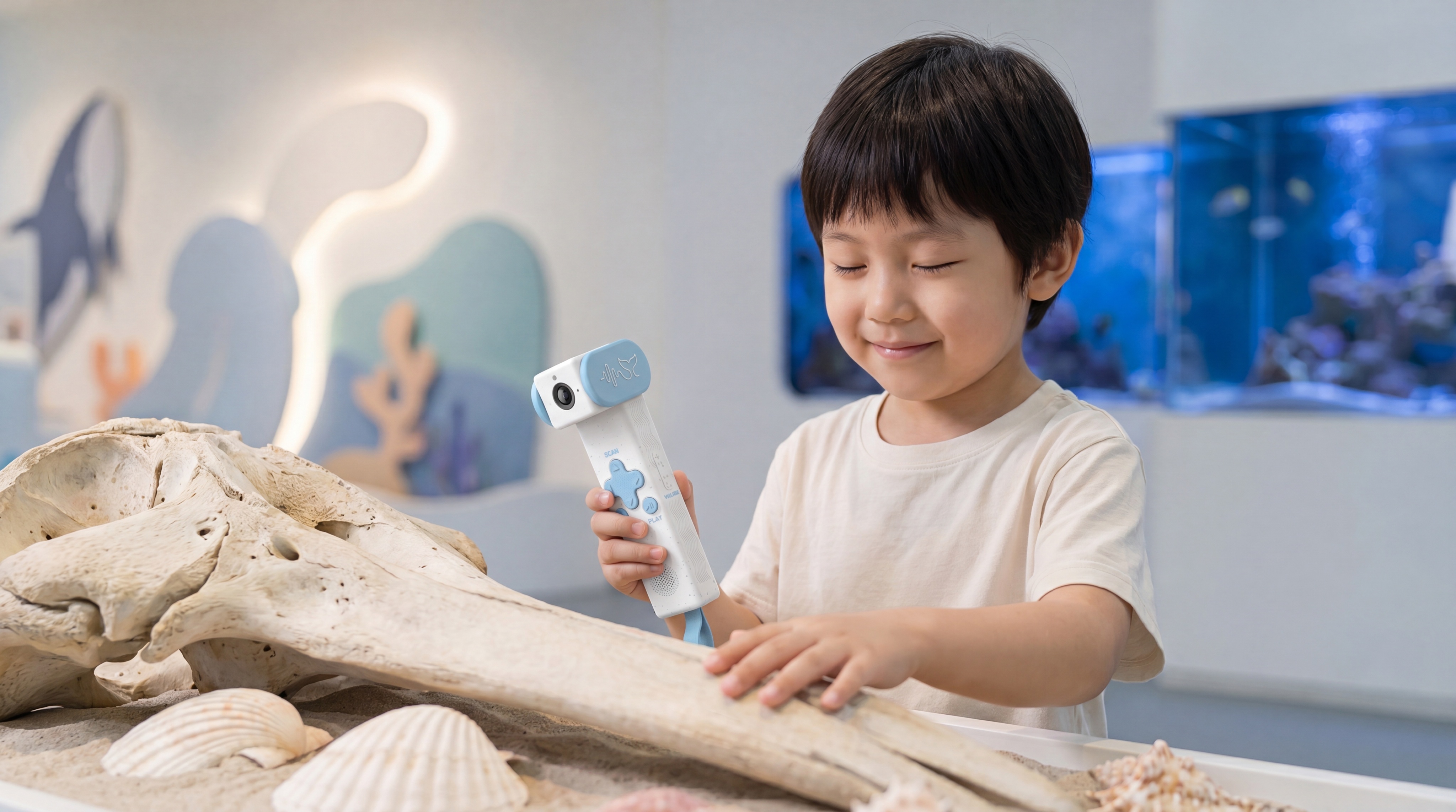 生成一张盲人儿童闭着眼睛在海洋博物馆参观的场景图，儿童手上拿着… - 图片创意预览