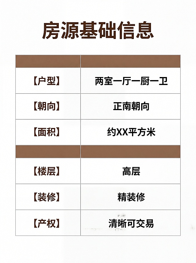 [第10屏] 房源基础参数信息表，整理完整房屋信息作为最后一屏。
[氛围/风格] 清晰规整专业风，信息一目了然
[元素布局] 顶部标题「房源基础信息」，下方规整参数表，分左右两栏排列，整体干净清爽
[光影质感] 均匀布光，表格线条清晰，文字可读
[配色色系] 全局底色 #FFFFFF，表头浅棕色，文字深棕色，分割线浅灰
[文字版式] 参数包含：【户型】两室一厅一厨一卫 【朝向】正南朝向 【面积】约XX平方米 【楼层】高层 【装修】精装修 【产权】清晰可交易，每行信息清晰对齐，主标题加粗展示
[比例分辨率] 3:4 竖版比例，4K 分辨率，文字清晰可辨
[负向提示词] 表格错乱，文字模糊，信息排版混乱，比例错误