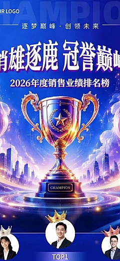 蓝色系2026年度销售排行榜表彰宣传全屏竖版海报