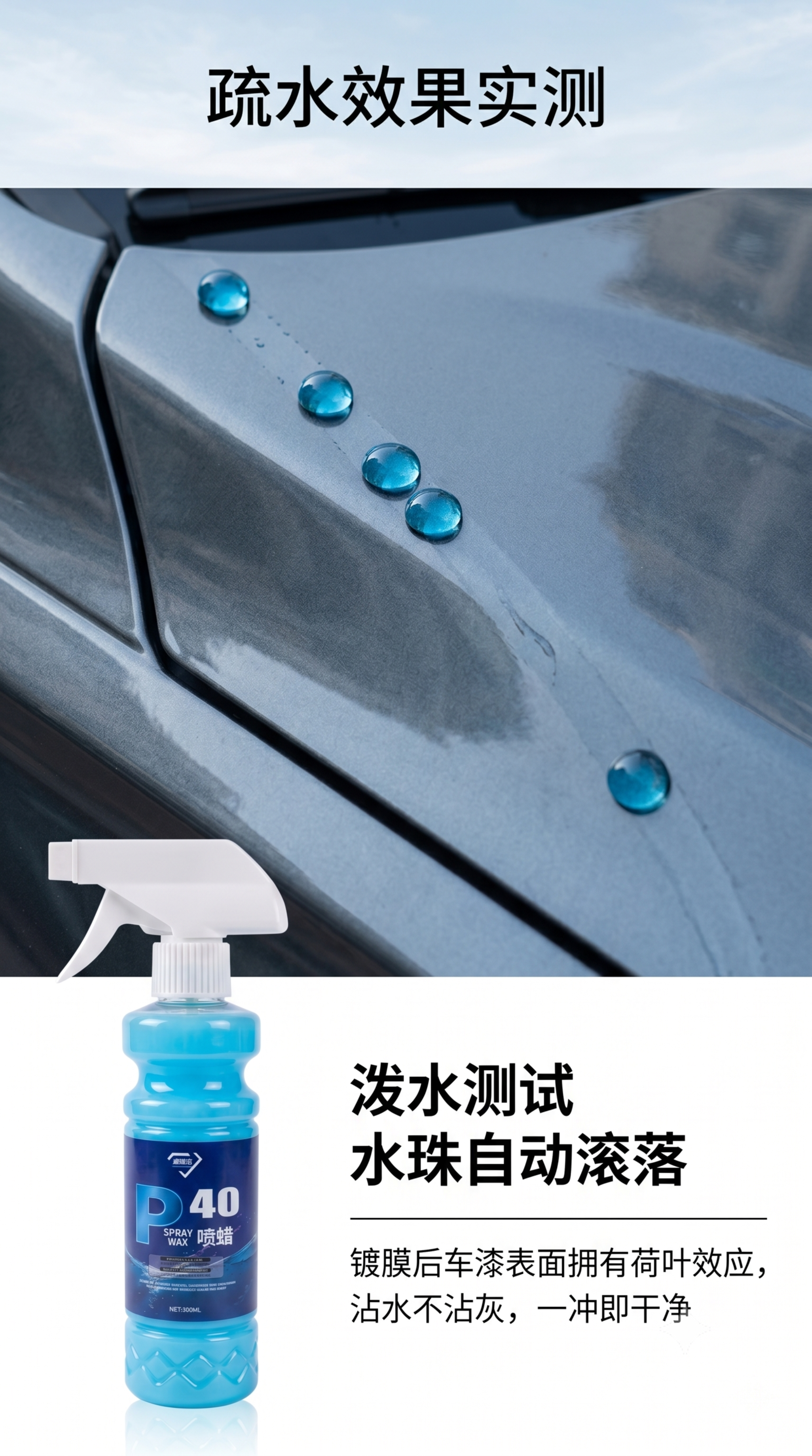[第5屏] 疏水效果实测，展示水珠滚落实验效果。本屏使用【图1… - 图片创意预览