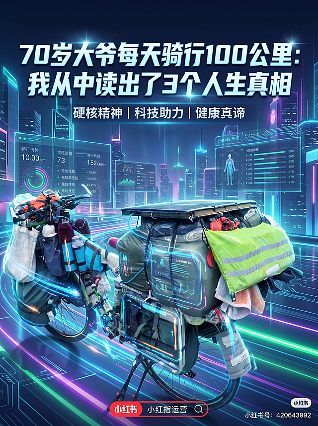 基于参考图片中的骑行自行车，生成一张小红书社媒内容图文封面，封面主标题为"70岁大爷每天骑行100公里：我从中读出了3个人生真相"，图片比例为3:4，视觉风格为科技未来，要求信息层级清晰、标题醒目、图文排版协调，保持主体完整，文字准确无错别字，标题可读性强，画面构图稳定，适合小红书封面展示，禁止文字乱码、错字漏字、主体遮挡、元素拥挤、排版错位、低清晰度和廉价模板感