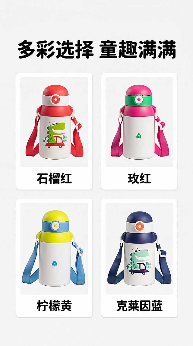 [第7屏] 多色选择展示，矩阵排列四种颜色。使用【图6】石榴红、【图7】玫红、【图8】柠檬黄、【图9】克莱因蓝产品图。
[氛围/风格] 活泼清新，多巴胺配色展示，清晰明快。
[元素布局] 2×2矩阵排列，四个格子各展示一个颜色，每个产品居中放置，格子下方标注颜色名称；顶部留标题区，背景浅灰白色。
[光影质感] 每个产品打光均匀，颜色还原准确，和产品图保持一致，高光自然。
[配色色系] 全局底色 #F8F8F8，每个格子白色底，四个产品颜色清晰区分，文字黑色。
[视角构图] 平面排版，每个产品正面展示，视角统一，工整有序。
[文字版式] 顶部大标题「多彩选择 童趣满满」，四个格子下方分别标注：石榴红、玫红、柠檬黄、克莱因蓝，字体清晰活泼，符合儿童产品风格。
[比例分辨率] 9:16竖版比例，4K分辨率，文字清晰可辨。
[负向提示词] 颜色偏差，产品变形，排版歪斜，文字错乱。