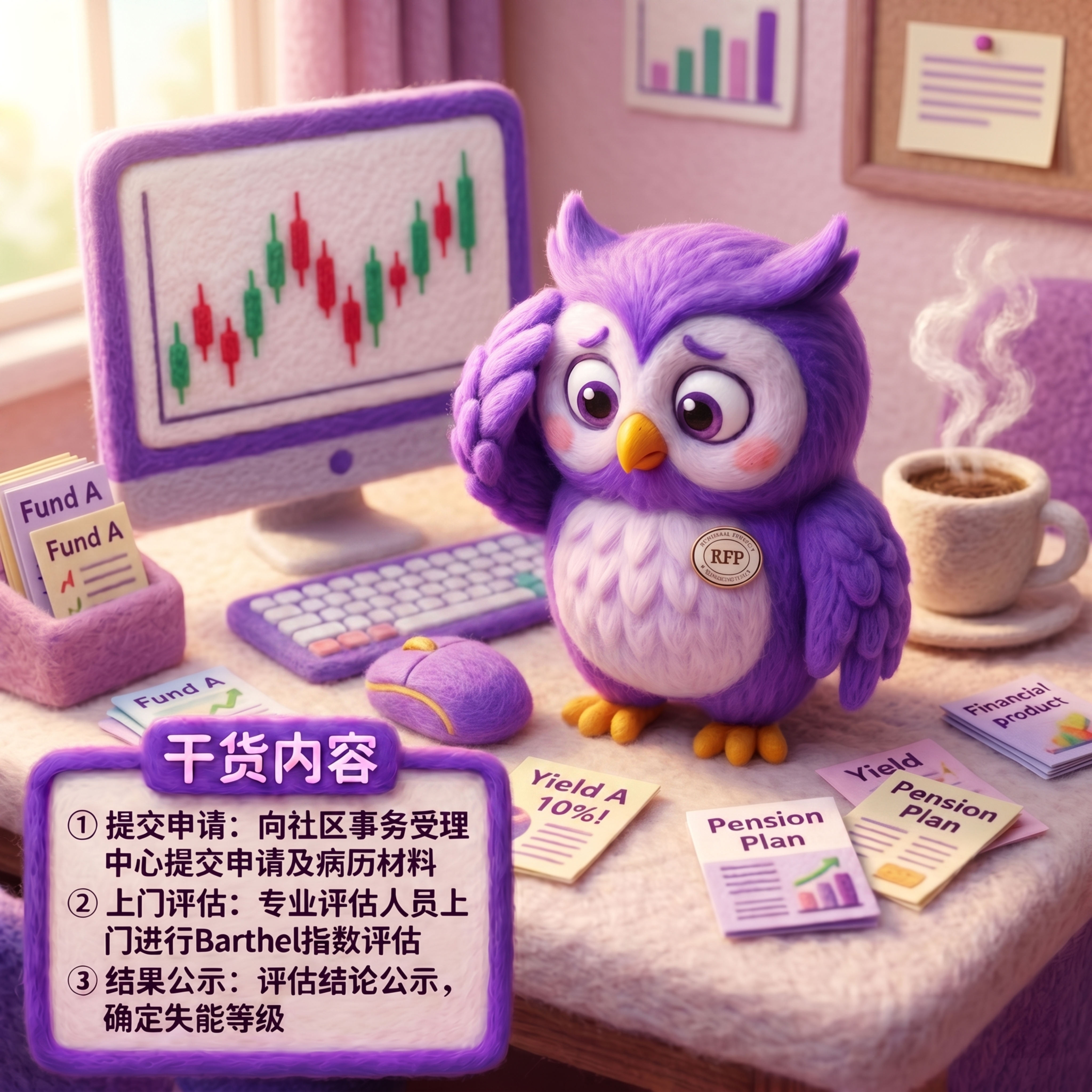 整体为羊毛毡风格，办公桌一角，电脑屏幕显示红红绿绿的K线图，旁… - 图片创意预览