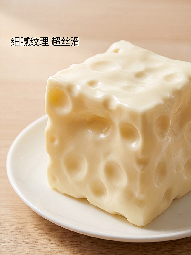 [主图-3] 巨无霸奶酪捏捏解压玩具材质细节展示图，氛围风格为干净质感静物风，突出细腻材质。要求商业摄影质感、光线柔和通透、产品清晰真实、画面干净高级。放大展示奶酪捏捏的孔洞和表面细节，45°斜侧放置在白色圆盘上，浅原木桌面背景；保持奶酪奶黄色调、孔洞结构、丝滑质感与原图完全一致，突出表面光泽和气孔的立体纹理，精细化展示材质细节。商品主体占比约75%，微距特写突出质感。侧逆光拍摄，突出奶酪材质的通透感和表面光泽，孔洞内部形成自然阴影，增强立体感。主色调奶黄色白色浅木色，整体干净温馨。斜侧微距特写，主体突出，景深较浅突出细节。左上角小字体标注"细腻纹理 超丝滑"，文字不遮挡主体细节，排版简洁。3:4比例，4k分辨率，文字清晰锐利，画面超高清。负向提示词：变形，水印，文字错乱，产品图模糊，背景杂乱