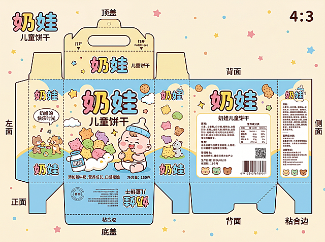 生成名为“奶娃”儿童饼干的包装设计展开图，风格可爱童趣，适合儿童产品，清晰展示包装各部分结构，包含品牌名称文字“奶娃”和产品名称“儿童饼干”