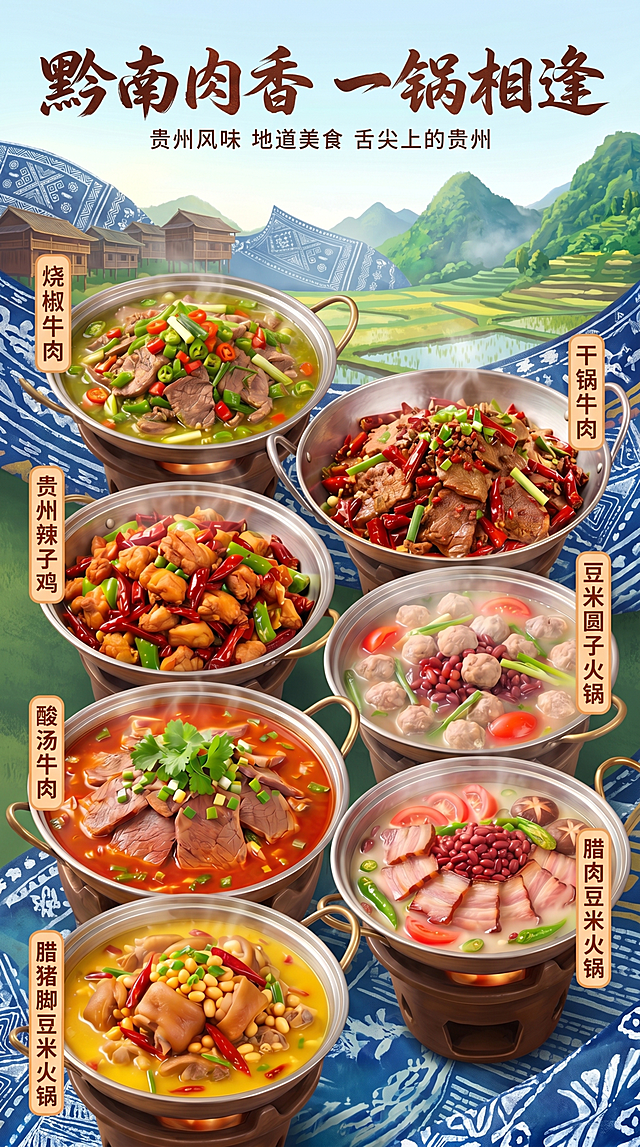 将海报尺寸调整为150x300（横版），保持标题“黔南肉香 一锅相逢”书法风格及小字“贵州风味 地道美食 舌尖上的贵州”，重点优化菜品真实感，减少AI生成痕迹，使烧椒牛肉、干锅牛肉、酸汤牛肉、贵州辣子鸡、豆米圆子火锅、腊肉豆米火锅、腊猪脚豆米火锅更接近实拍质感，保留贵州元素背景与整体排版风格