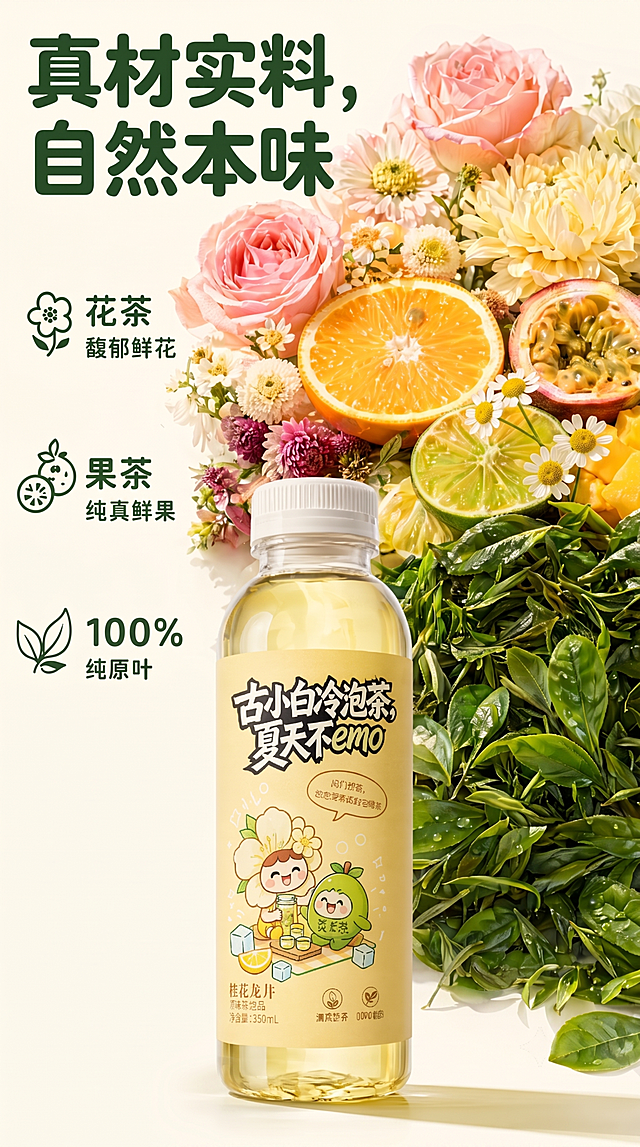 [第5屏] 真材实料展示屏，古小白冷泡茶自然本味。本屏使用【图5】作为主体参考。
[氛围/风格] 自然清新高级感，真实原料摄影，柔和自然光感。
[元素布局] 一瓶成品冷泡茶置于画面中下位置，周围环绕鲜花、鲜果和新鲜原茶叶，茶叶铺满右下区域，左侧排列三个卖点图标，产品占屏约50%，原料占40%，保持瓶身包装文字和图案与参考图一致。
[光影质感] 侧前方柔光，突出茶汤通透质感，原料自然阴影，整体明亮清新。
[配色色系] 全局底色 #FCFAF5；主色深绿色文字，绿色图标；保留鲜花鲜果天然色彩。
[视角构图] 产品居中，左上文字，右下原料，主体突出。
[文字版式] 顶部大标题「真材实料，自然本味」，左侧三个卖点分别是花茶馥郁鲜花、果茶纯真鲜果、100%纯原叶，文字排列整齐，不遮挡瓶身主体。
[比例分辨率] 9:16 竖版，4K分辨率，文字清晰可辨。
[负向提示词] 瓶身变形，包装文字错乱，产品模糊，颜色偏差。