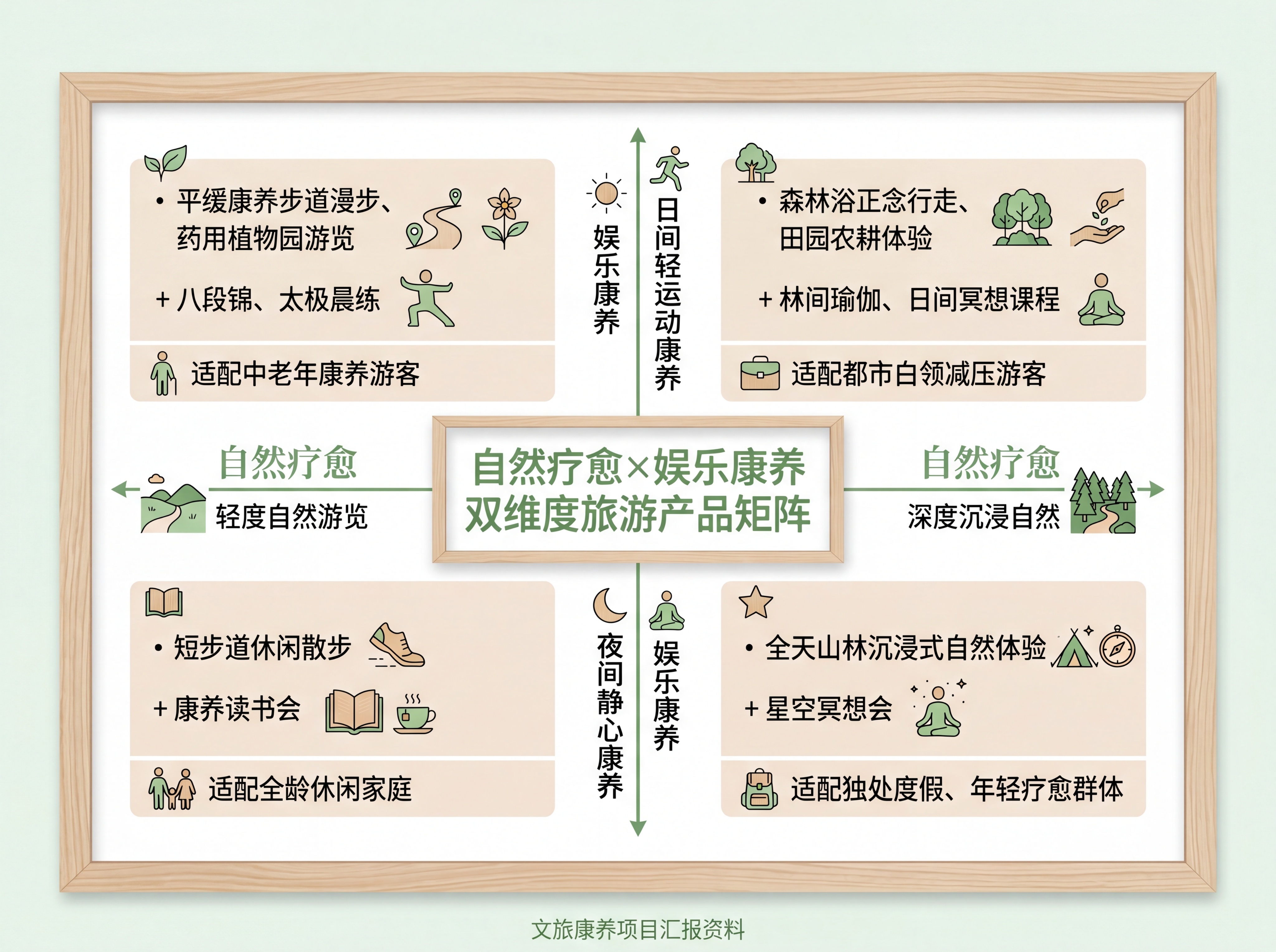 制作一张文旅康养项目十字四象限产品矩阵PPT图表，商务简约清新… - 图片创意预览
