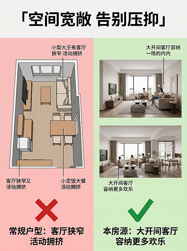 [第8屏] 空间尺度优势验证，对比常规小户型展示本房空间优势。
[氛围/风格] 直观对比专业风，清晰易懂
[元素布局] 左右两栏对比，左侧常规小户型空间标注✗，右侧本房源客厅空间标注✓，使用图6客厅展示本房源空间，结构比例保持原图一致
[光影质感] 对比分区光线均匀，信息清晰
[配色色系] 全局底色 #F5F5F5，左侧浅红底标注，右侧浅绿底标注，文字深色
[视角构图] 左右对比版式，一目了然
[文字版式] 顶部主标题「空间宽敞 告别压抑」，左侧标注「常规户型：客厅狭窄 活动拥挤」，右侧标注「本房源：大开间客厅 容纳更多欢乐」，文字清晰可读
[比例分辨率] 3:4 竖版比例，4K 分辨率，文字清晰可辨
[负向提示词] 对比模糊，文字错乱，比例失调
