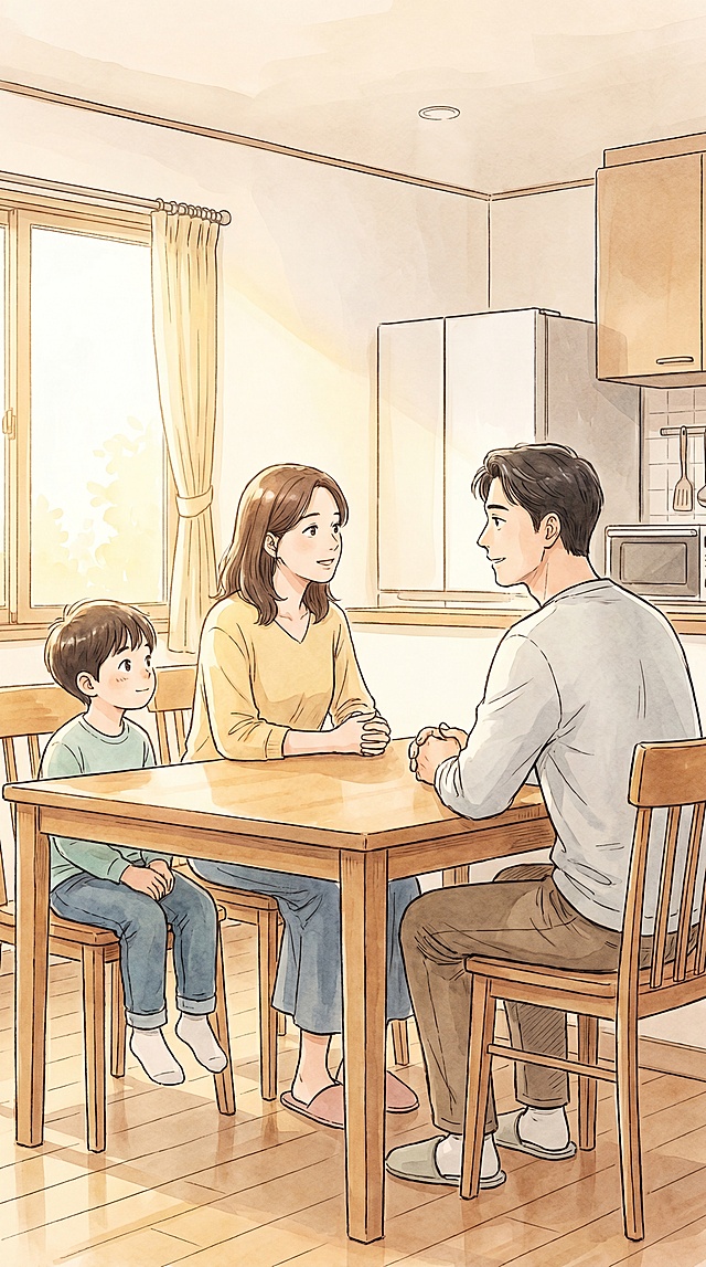 竖屏9:16，治愈系漫画插画风，餐桌旁家庭场景，爸爸和妈妈平静交流，神情尊重自然，男孩在一旁安静看着，光线柔和变暖，氛围平和，三人同框中景构图，画面干净，有故事感，体现家庭关系中的尊重，不要文字，不要logo，不要水印，不要真人照片感，不要夸张表情，不要杂乱背景