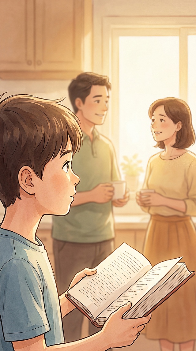 竖屏9:16，治愈系漫画插画风，孩子侧面观察视角，前景是男孩专注看着爸爸妈妈，背景是父母温和交流，画面突出孩子在默默学习，暖光环境，安静自然，前景孩子后景父母的景深构图，画面干净，有故事感，不要文字，不要logo，不要水印，不要真人照片感，不要夸张表情，不要杂乱背景