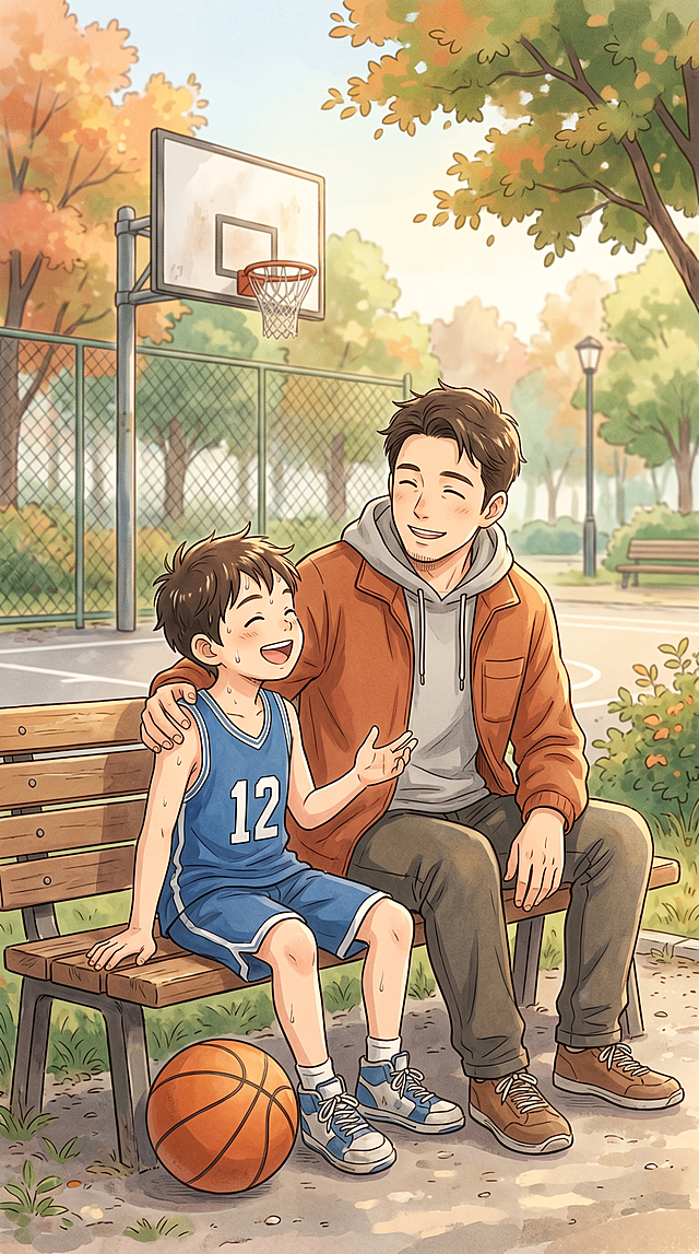 竖屏9:16，治愈系漫画插画风，篮球场边或公园长椅，篮球放在一旁，爸爸和儿子坐着聊天，表情自然放松，像日常里普通但珍贵的陪伴，暖光柔和，氛围轻松安静，中景构图，画面干净，有故事感，不要文字，不要logo，不要水印，不要真人照片感，不要夸张表情，不要杂乱背景