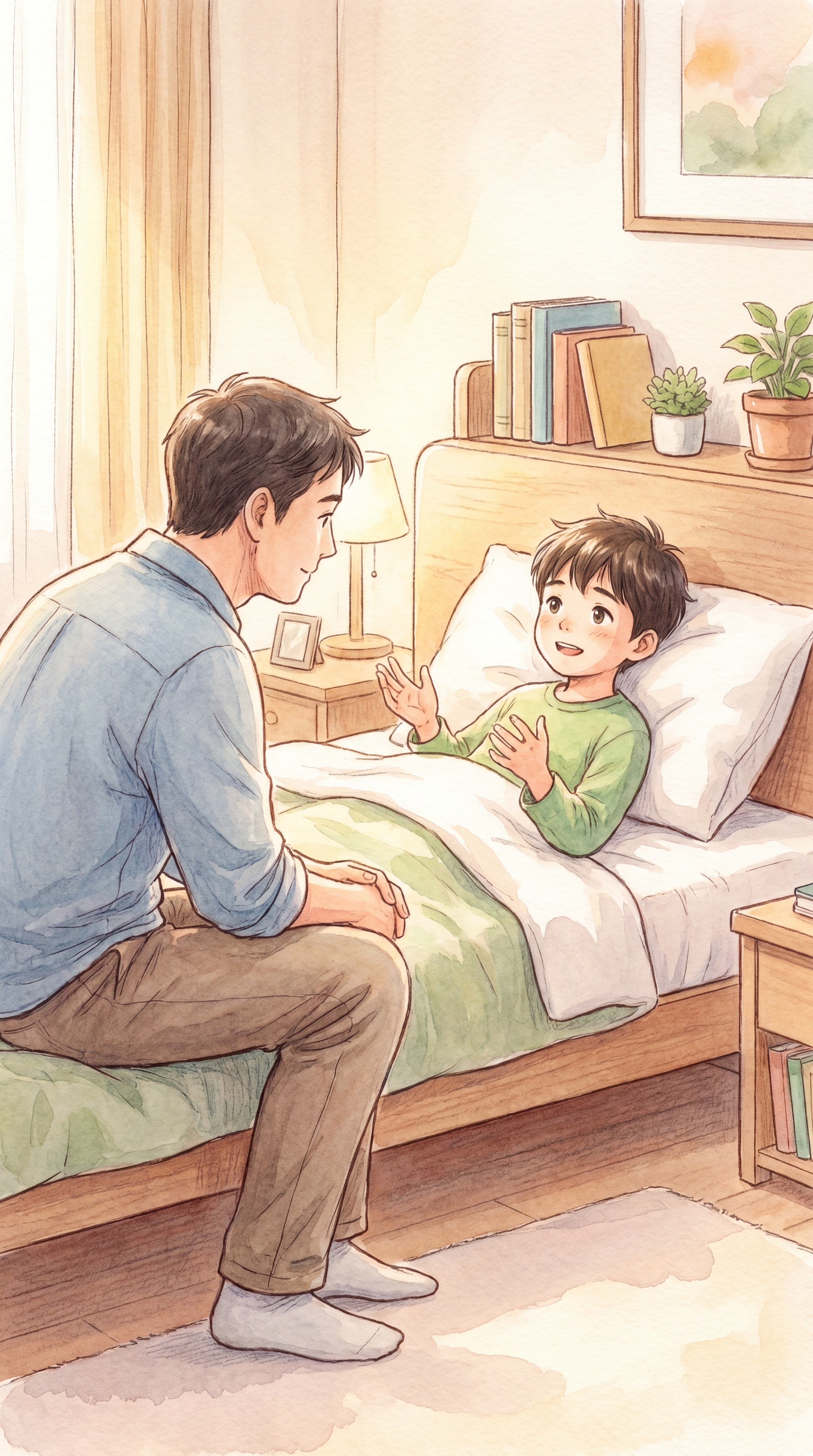 竖屏9:16，治愈系漫画插画风，卧室或床边，爸爸坐到男孩旁边安… - 图片创意预览