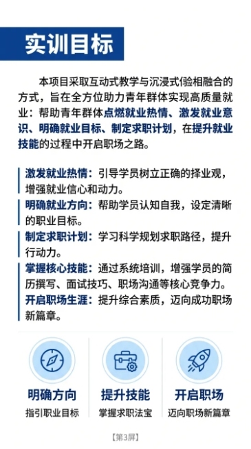 [第3屏] 详情页目标页-银川市求职能力实训营实训目标介绍。
[氛围/风格] 正式专业，开阔明亮，简约现代。
[元素布局] 顶部大标题"实训目标"，下方分段介绍实训目标内容，底部用图标形式总结核心方向预览效果