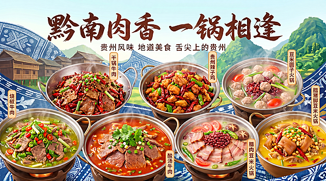 将主标题“黔南肉香 一锅相逢”修改为更有创意的书法字体，在标题下方添加小字“贵州风味 地道美食 舌尖上的贵州”，保持整体版面简洁清晰，原有排版和贵州元素不变