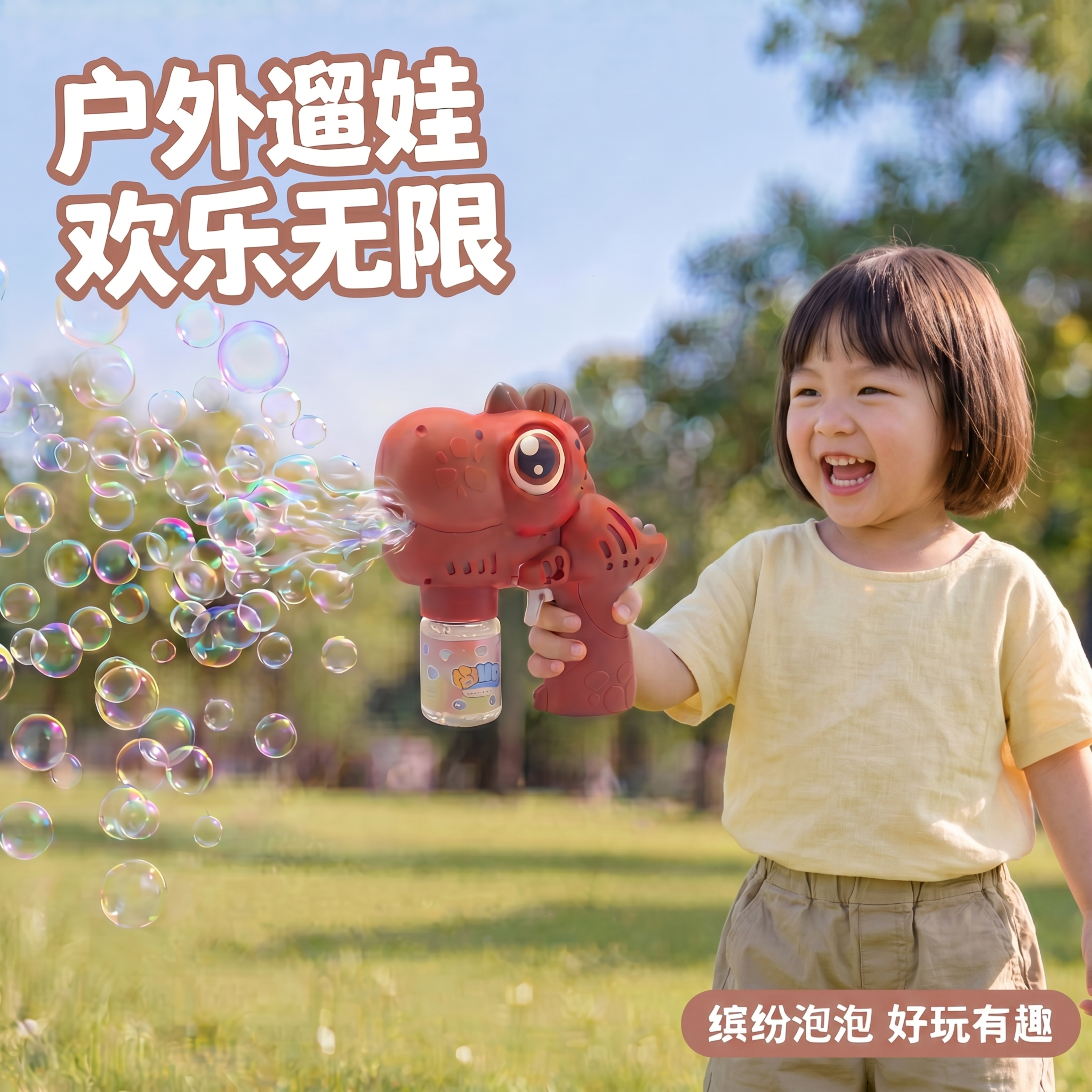修改当前图片：将红棕色恐龙泡泡机整体略微缩小约10%，保持比例… - 图片创意预览
