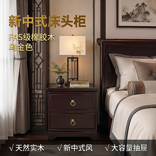 [主图-1] 新中式乌金色FAS级橡胶木床头柜场景氛围首图
[氛围风格] 温馨居家生活感，新中式实木家具雅致氛围
[画质] 商业摄影质感、光线柔和通透、产品清晰真实、画面干净高级
[元素] 乌金色新中式床头柜完整居中放置在卧室床边，左侧搭配中式镂空隔断和双层窗帘，床头柜上摆放台灯、绿植盆栽和两本书籍，右侧搭配新中式双人床和靠枕抱枕，地面铺带水墨纹理地毯，背景墙挂水墨装饰画，软装搭配丰富。保持床头柜外观（物理结构、材质质感、颜色）与输入产品图绝对一致，杜绝任何变形和色差，精细化处理。商品主体占比严格控制在65%左右，画面满屏无边框。
[光影] 午后侧向自然光经纱帘柔化，主光来自左侧，整体色调温暖柔和，木纹呈现自然明暗质感，光线通透不灰蒙，高光不溢出，暗部有层次，营造温馨慵懒午后氛围
[配色] 主色为乌金深棕色，辅色为浅灰墙面、米白床品、木色地板，金铜色拉手点缀
[视角构图] 正面平视，床头柜为视觉中心，前中后景分层，景深适中，产品轮廓完整不裁切
[文字版式] 左上负空间左对齐留安全边距，大字主文案为“新中式床头柜”，乌金色最大号粗体无衬线；辅助文案为“FAS级橡胶木”“乌金色”，约半高同色。底部通栏半透明渐变蒙层，均分三列，列内左对齐：列一「√ 天然实木」列二「√ 新中式风」列三「√ 大容量抽屉」，白字与暗底强反差，现代无衬线
[比例分辨率] 1:1比例，4k分辨率，文字清晰锐利，画面超高清
[负向提示词] 变形，水印，文字错乱，产品图模糊，背景杂乱