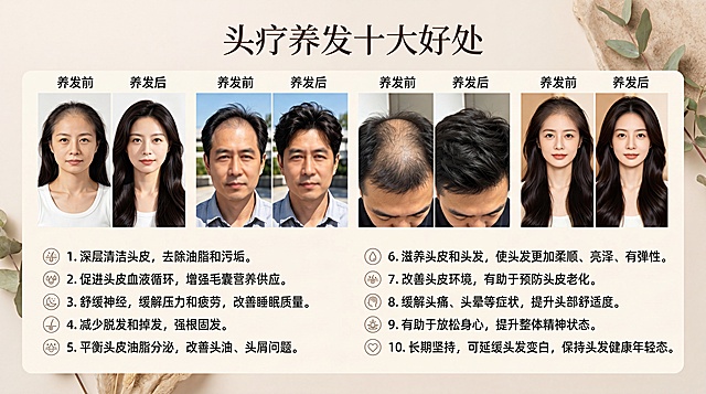 头疗养发的十大好处宣传图，包含四组头疗前后对比图，展示十大功效：1.深层清洁头皮，去除油脂和污垢。2.促进头皮血液循环，增强毛囊营养供应。3.舒缓神经，缓解压力和疲劳，改善睡眠质量。4.减少脱发和掉发，强根固发。5.平衡头皮油脂分泌，改善头油、头屑问题。6.滋养头皮和头发，使头发更加柔顺、亮泽、有弹性。7.改善头皮环境，有助于预防头皮老化。8.缓解头痛、头晕等症状，提升头部舒适度。9.有助于放松身心，提升整体精神状态。10.长期坚持，可延缓头发变白，保持头发健康年轻态。整体风格简约舒适，养生美业风格，清晰展示对比效果和文字内容。
