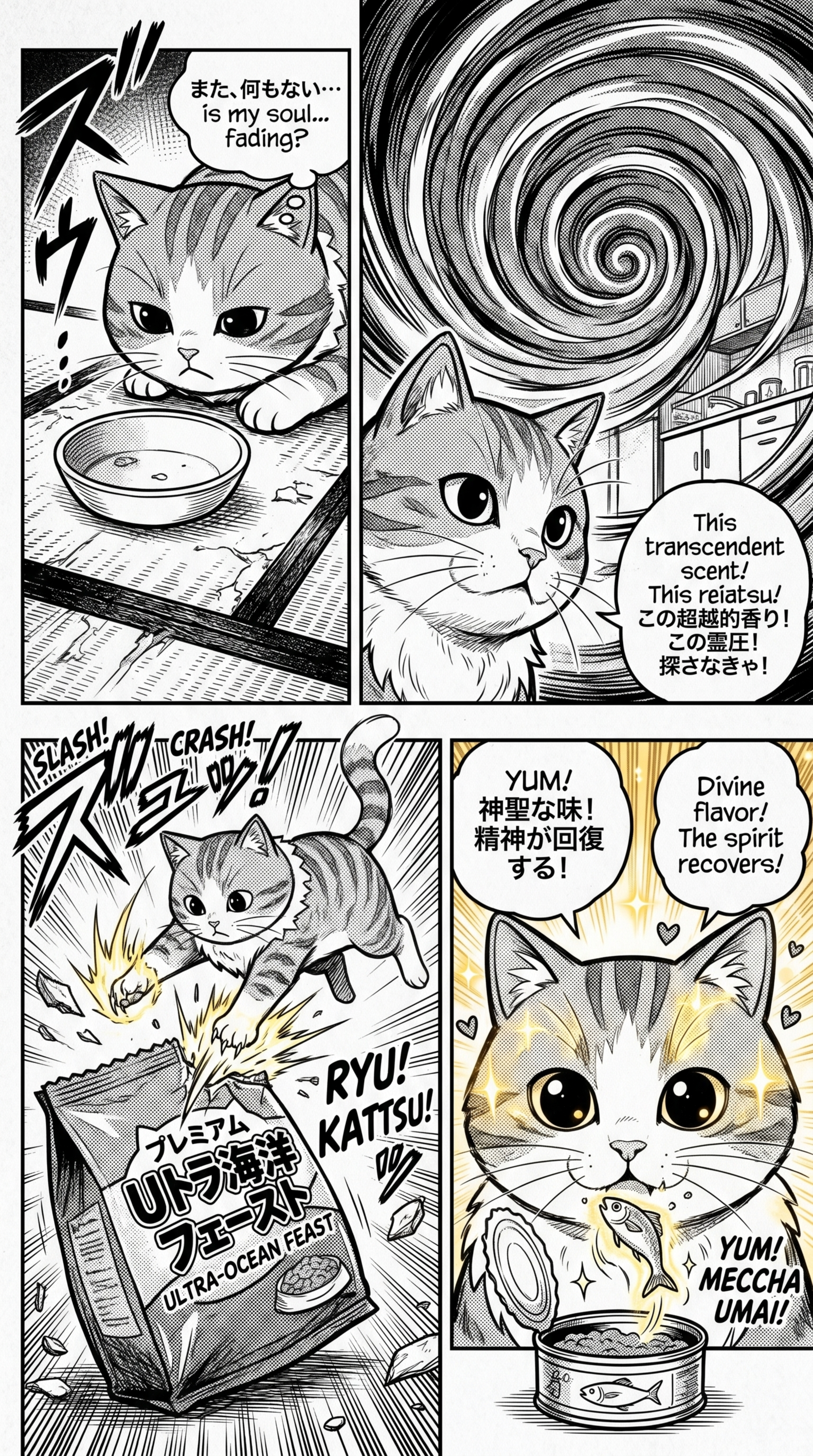 根据这张橘猫三视图，创作一集猫粮相关的漫画，一页四格漫画，日式… - 图片创意预览