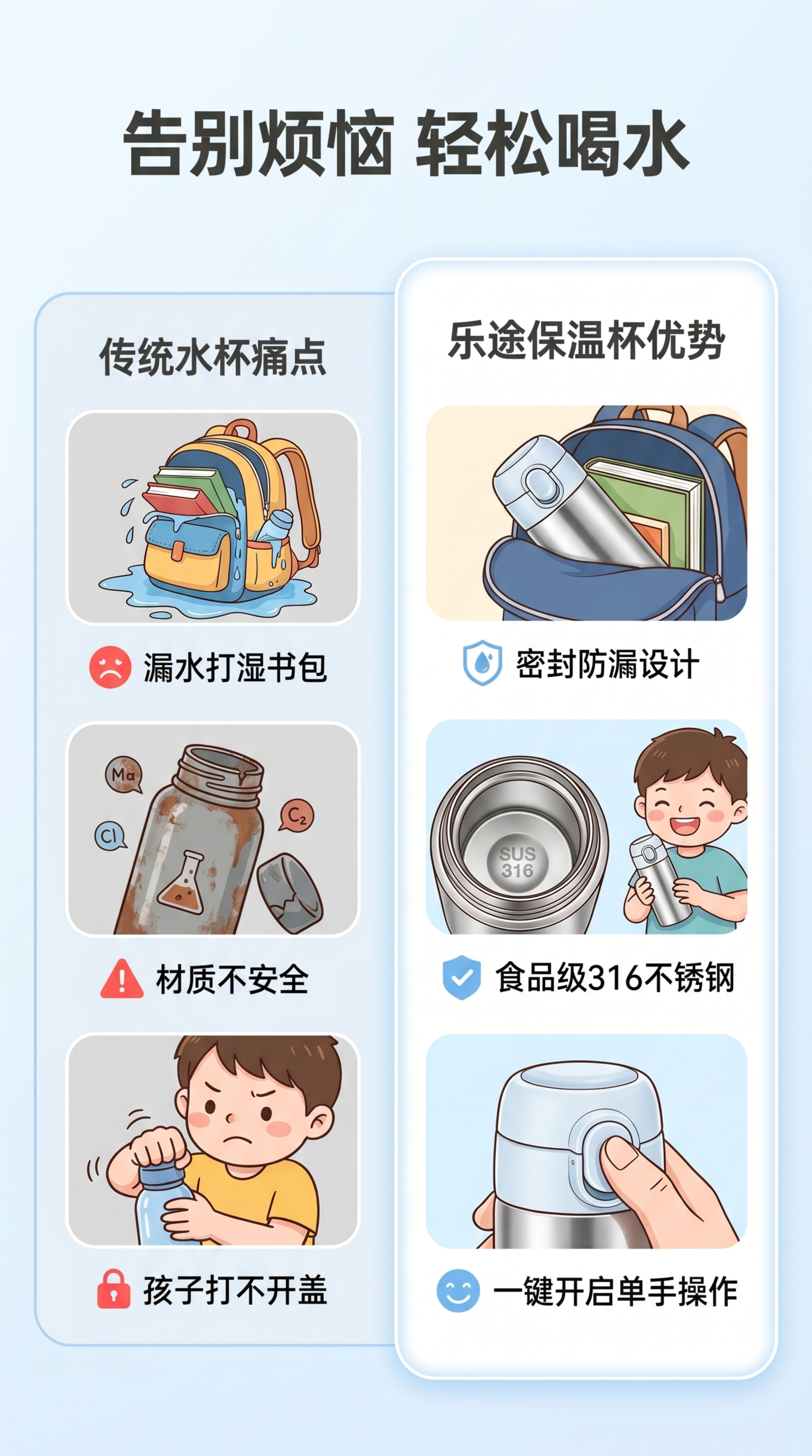 [第2屏] 痛点对比页-解决儿童水杯常见问题。左右分栏对比设计… - 图片创意预览