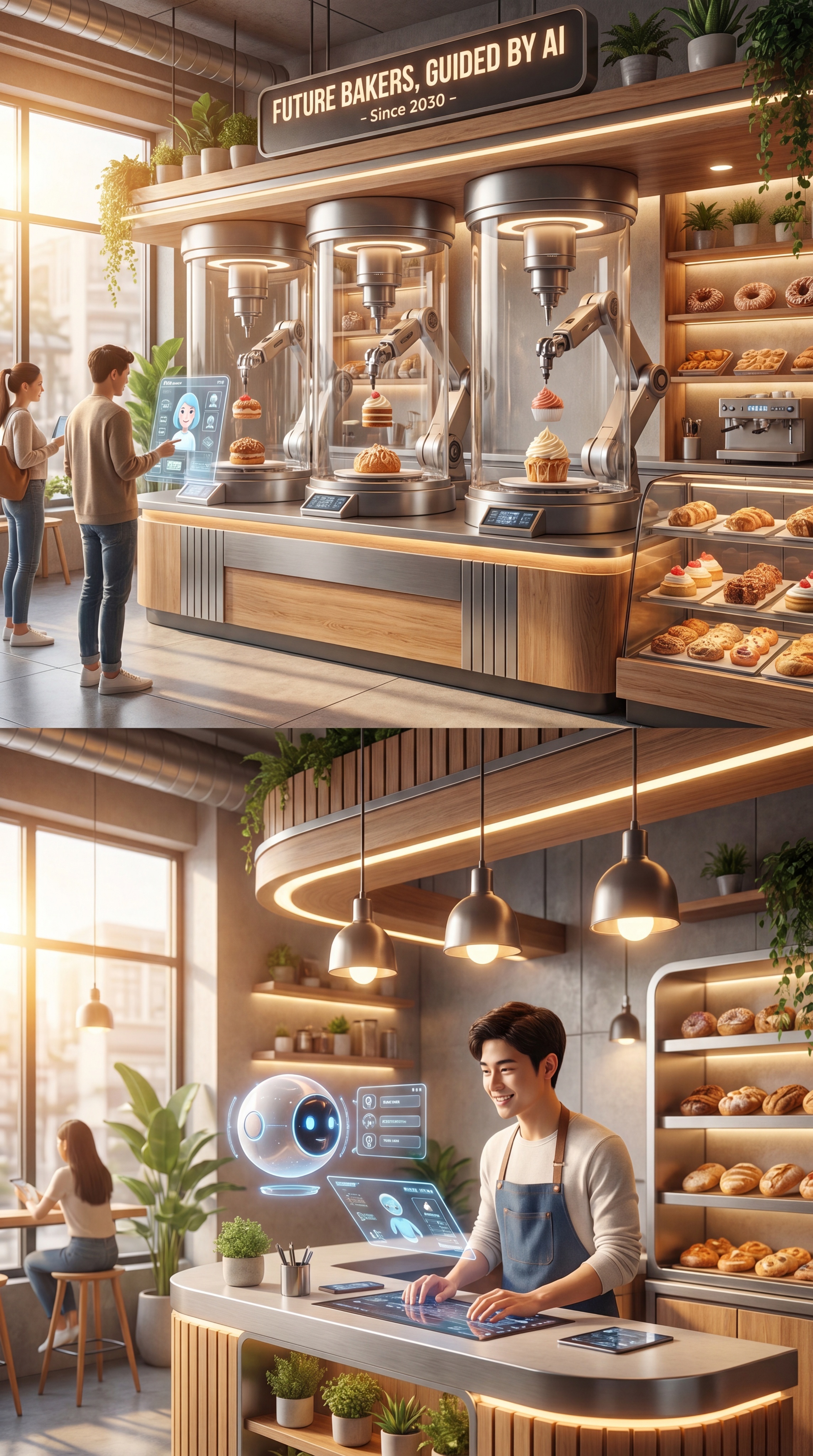 未来AI智能甜品店工作场景，温馨明亮的店铺内，自动化甜品制作设… - 图片创意预览