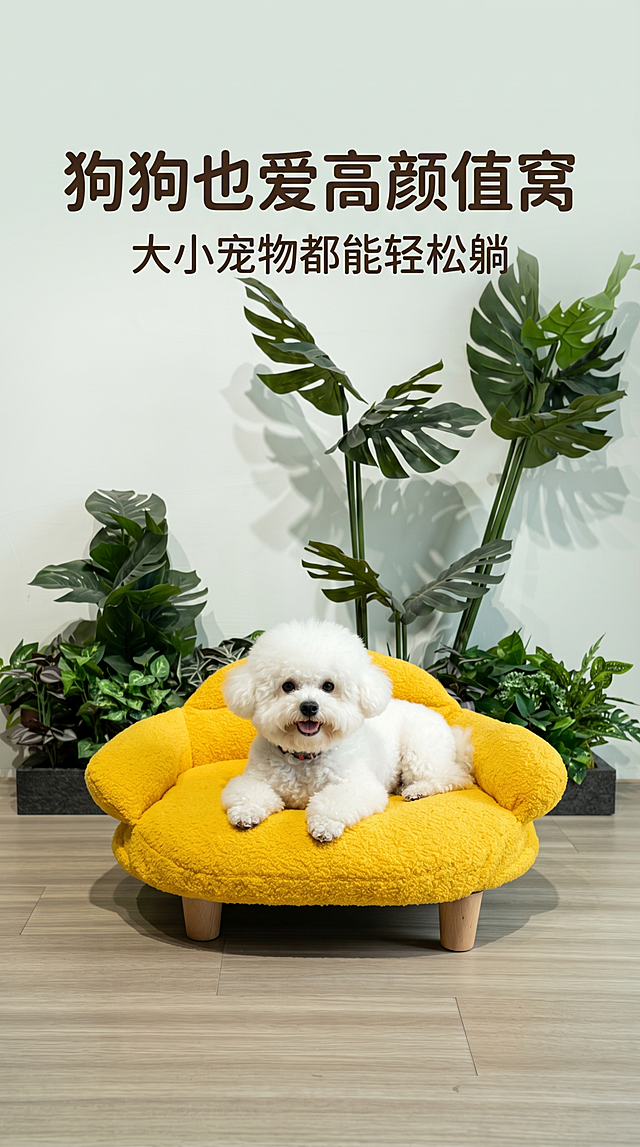 [第5屏] 使用效果展示，比熊犬惬意趴在黄色沙发上的真实场景。本屏使用【图4】右侧黄色沙发+比熊犬部分作为主体。
[氛围/风格] 活泼治愈家居场景，真实使用氛围感，清晰商业摄影。
[元素布局] 黄色宠物沙发居中放置，比熊犬开心趴卧在沙发上，保留原图宠物自然表情和沙发完整结构，背景保留绿植装饰，产品颜色、结构、材质和原图保持一致，突出宠物舒适状态。
[光影质感] 自然侧光，光影明快，整体明亮干净，黄色色彩还原准确。
[配色色系] 全局底色 #F5F8F5，主色明黄色沙发，辅助色白色比熊、绿色背景植物，活泼清新。
[视角构图] 正面平视，主体居中，阅读动线流畅。
[文字版式] 顶部主标题「狗狗也爱高颜值窝」，副标题「大小宠物都能轻松躺」，圆角字体，深棕色文字，不遮挡产品主体。
[比例分辨率] 9:16 竖版比例，4K分辨率，文字清晰可辨，高清画质。
[负向提示词] 宠物变形，沙发结构错误，颜色偏差，文字遮挡主体，文字错乱。