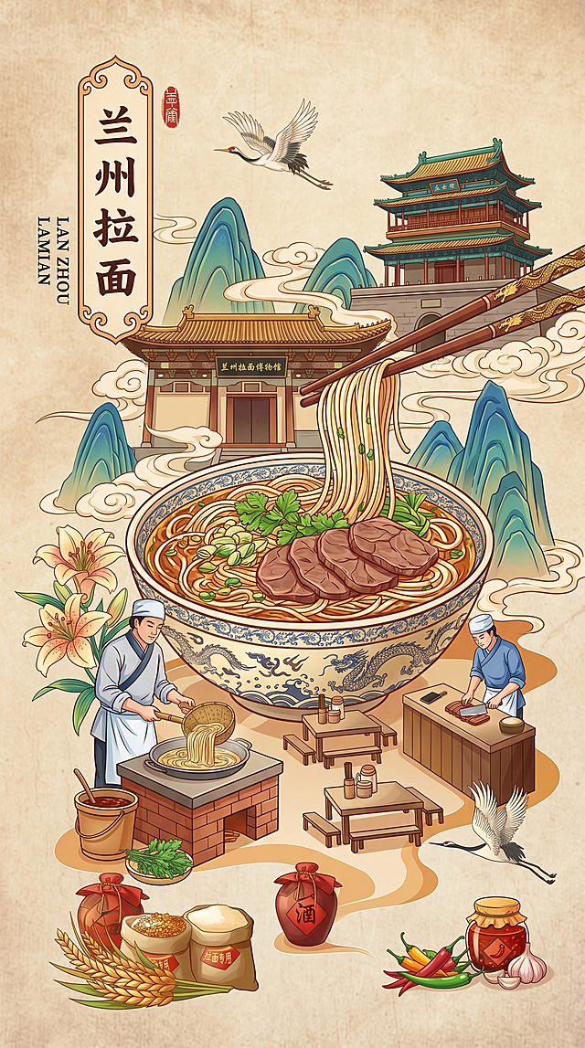 参考示例图风格，国潮插画风格，兰州拉面主题美食宣传图，包含兰州地标建筑，大碗兰州拉面，拉面师傅制作面条的场景，山水祥云飞鸟元素，保留复古做旧米色背景和竖版构图，文字保留兰州拉面，整体设计和示例图类似但细节不重复，原创国潮插画