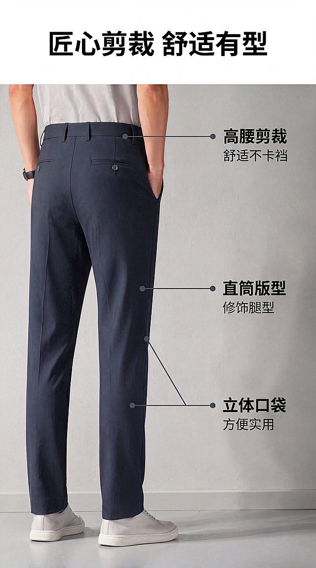 [第6屏] 详情页版型展示页-解析直筒高腰剪裁结构的男士冰丝休闲裤。本屏使用【图1】作为产品版型参考。
[氛围/风格] 结构解析风格，清晰直观，突出剪裁优势，专业商务质感。
[元素布局] 左侧展示裤子背面整体版型，右侧用三个引线分别标注高腰剪裁、直筒裤型、后腰口袋细节，分别说明各部位优势：高腰剪裁舒适不卡裆、直筒版型修饰腿型、立体口袋方便实用，产品版型颜色保持与输入图一致。
[光影质感] 均匀影棚光，各部位细节清晰，标注区域光线突出，整体干净利落。
[配色色系] 浅灰背景，藏青色产品，深色引线标注，文字黑色清晰可读。
[视角构图] 左产品右标注版式，左右平衡，信息清晰易读。
[文字版式] 顶部主标题"匠心剪裁 舒适有型"，右侧分点标注每个部位功能，文字大小适中，不遮挡主体结构。
[比例分辨率] 9:16竖版比例，4K分辨率，文字清晰可辨。
[负向提示词] 裤型变形，颜色偏差，文字错乱，水印，产品模糊，结构错误
