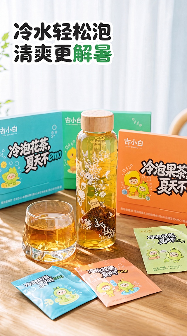 [第6屏] 冲泡展示，冷水轻松泡，古小白冷泡茶清爽解暑。本屏使用【图6】作为主体。
[氛围/风格] 温馨居家氛围感，自然光线下的桌面场景，真实摄影质感。
[元素布局] 桌面从上到下依次摆放产品包装盒、泡好茶的玻璃瓶、一杯泡好的茶和三袋独立茶包，玻璃瓶和玻璃杯位于画面中心，占比约50%，背景为浅色窗帘，保持所有产品包装图案和颜色与原图一致。
[光影质感] 柔和窗边自然光，桌面有自然光影斑驳，整体温馨舒适，产品清晰。
[配色色系] 全局背景浅米色木质桌面，搭配产品彩色包装，整体清新和谐。
[视角构图] 平视桌面，从上到下排布产品，自然松弛感。
[文字版式] 顶部大标题「冷水轻松泡 清爽更解暑」，黑色加粗绿色描边，文字居中，不遮挡核心产品。
[比例分辨率] 9:16 竖版，4K分辨率，文字清晰可辨。
[负向提示词] 产品变形，包装文字模糊，光影杂乱。