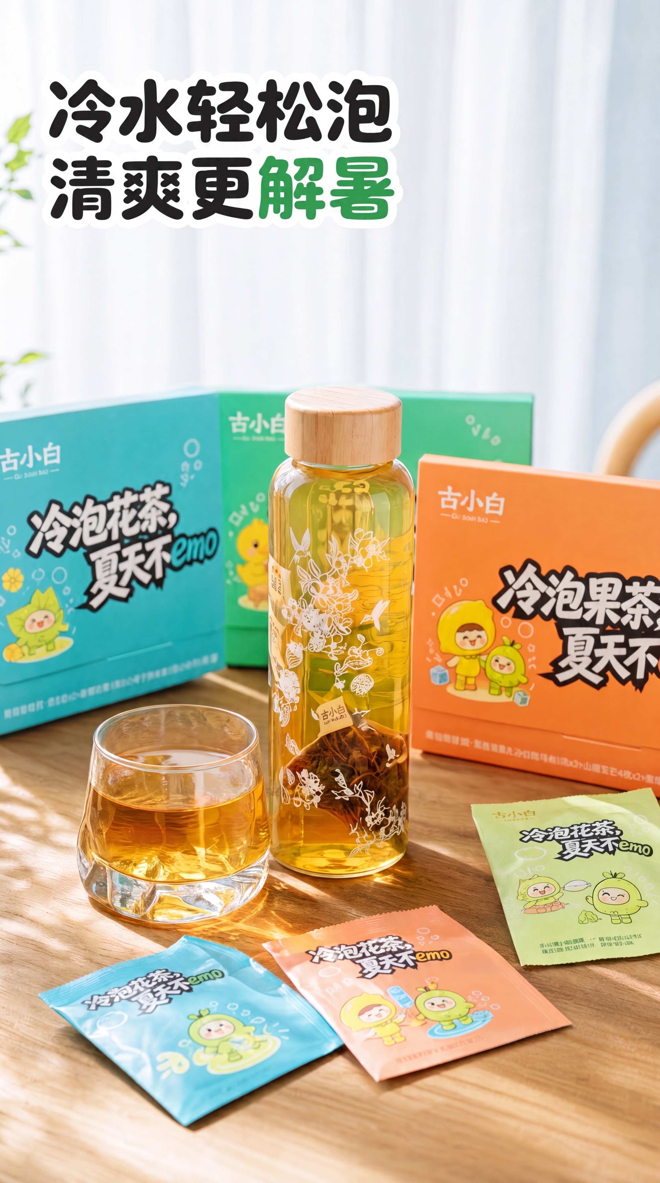 [第6屏] 冲泡展示，冷水轻松泡，古小白冷泡茶清爽解暑。本屏使… - 图片创意预览