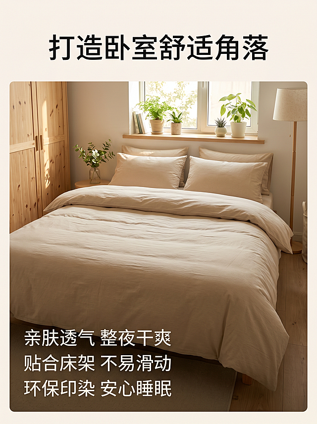 [第2屏] 卧室场景种草，完整展示床品铺设后的真实空间效果。本屏使用【图1】提取产品信息，【图2】提取暖调风格。[氛围/风格] 沉浸式北欧风卧室场景，温馨治愈，生活化氛围感，真实摄影质感。[元素布局] 床品居中铺设，占比约70%；背景搭配原木衣柜、窗台绿植、落地灯，层次丰富；保留产品原有颜色和纹理。[光影质感] 清晨柔和自然光，整体明亮通透，床面光影自然过渡。[配色色系] 全局底色#F8F4ED；主色暖米色床品；辅助色原木浅棕+绿植浅绿。[视角构图] 平视全景视角，景深足够，空间感真实。[文字版式] 顶部主标题「打造卧室舒适角落」，左下角分三行卖点：「亲肤透气 整夜干爽」「贴合床架 不易滑动」「环保印染 安心睡眠」，文字不遮挡床品主体。[比例分辨率] 3:4竖版比例，4K分辨率，文字清晰可读。[负向提示词] 床品变形，缺件错件，颜色偏差，文字模糊，背景杂乱