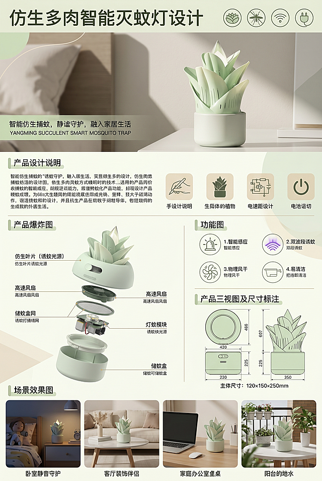 参考第四张模板的排版，设计一张A3竖向的智能灭蚊灯产品展板，包含标题“仿生多肉智能灭蚊灯设计”、产品设计说明板块、主效果图（展示第一张浅绿色产品图）、产品功能图、产品爆炸图、产品细节图、产品三视图及具体尺寸标注、场景效果图，整体风格简约清新，配色自然柔和，参考模板排版布局放置各个板块