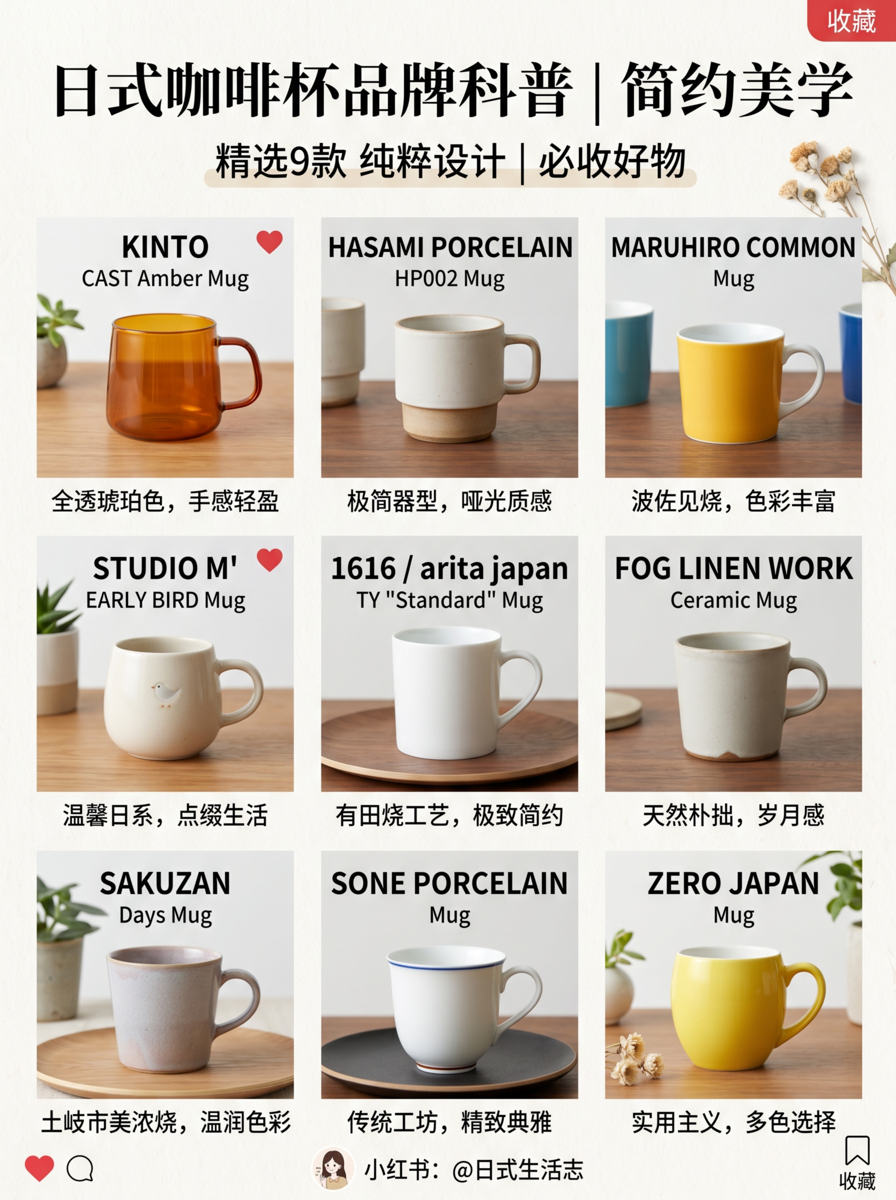 小红书图文内页，主题是日式咖啡杯品牌科普，展示九款不同设计的简… - 图片创意预览