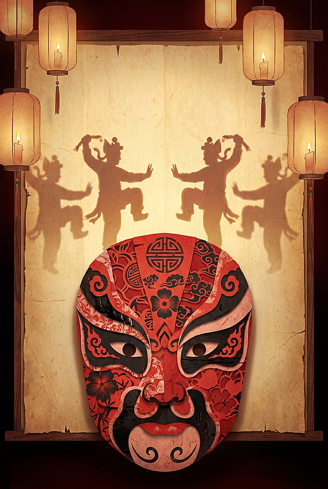 画面比例2:3，竖版构图，中心对称构图，画面中下方是主体傩戏“开山莽将”面具，面具表面覆盖精美的剪纸镂空纹样，包含回纹、云纹、花卉纹样，红纸与黑墨色交织，质感如手工剪纸层叠；背景为古朴的皮影戏幕布，幕布上投射出傩舞人物的剪影，周围悬挂传统纸灯笼，暖黄色烛光；色彩以中国红、墨黑、宣纸黄为主，光影柔和，带有纸质纹理，数字插画风格