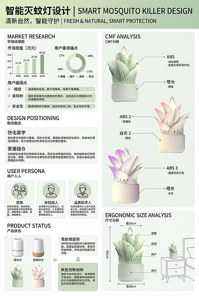 参考第四张模板的版式和风格，为智能灭蚊灯制作一张A3展板设计，包含六大模块：市场调研、设计定位、用户画像、产品现状、CMF分析、人机尺寸分析。放置三张不同配色（浅绿、粉白渐变、紫白渐变）的智能灭蚊灯产品效果图，整体排版清晰、简约现代，配色协调，保持文字区域完整。