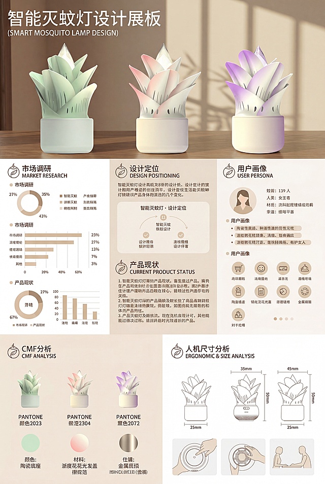 参考第四张模板版式，制作A3尺寸的智能灭蚊灯设计展板，排版分为市场调研、设计定位、用户画像、产品现状、CMF分析、人机尺寸分析六个板块，将前三张浅绿色、粉色渐变、紫色渐变三种配色的产品渲染图放入展板展示，整体风格简约高级，保留参考模板的排版布局和设计感