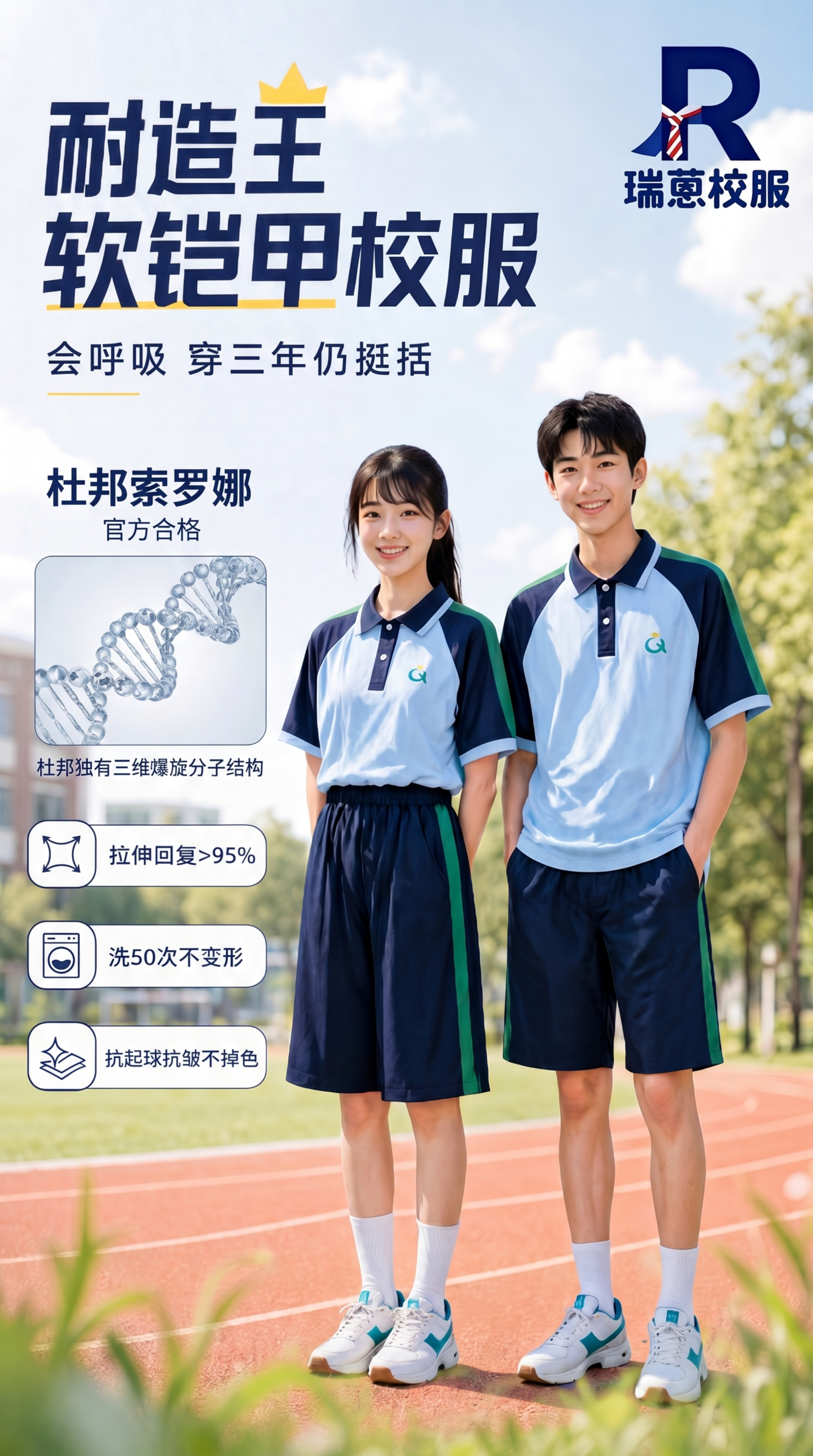 在海报右上角添加"瑞蒽校服"logo，就是图片3提供的蓝色R领… - 图片创意预览