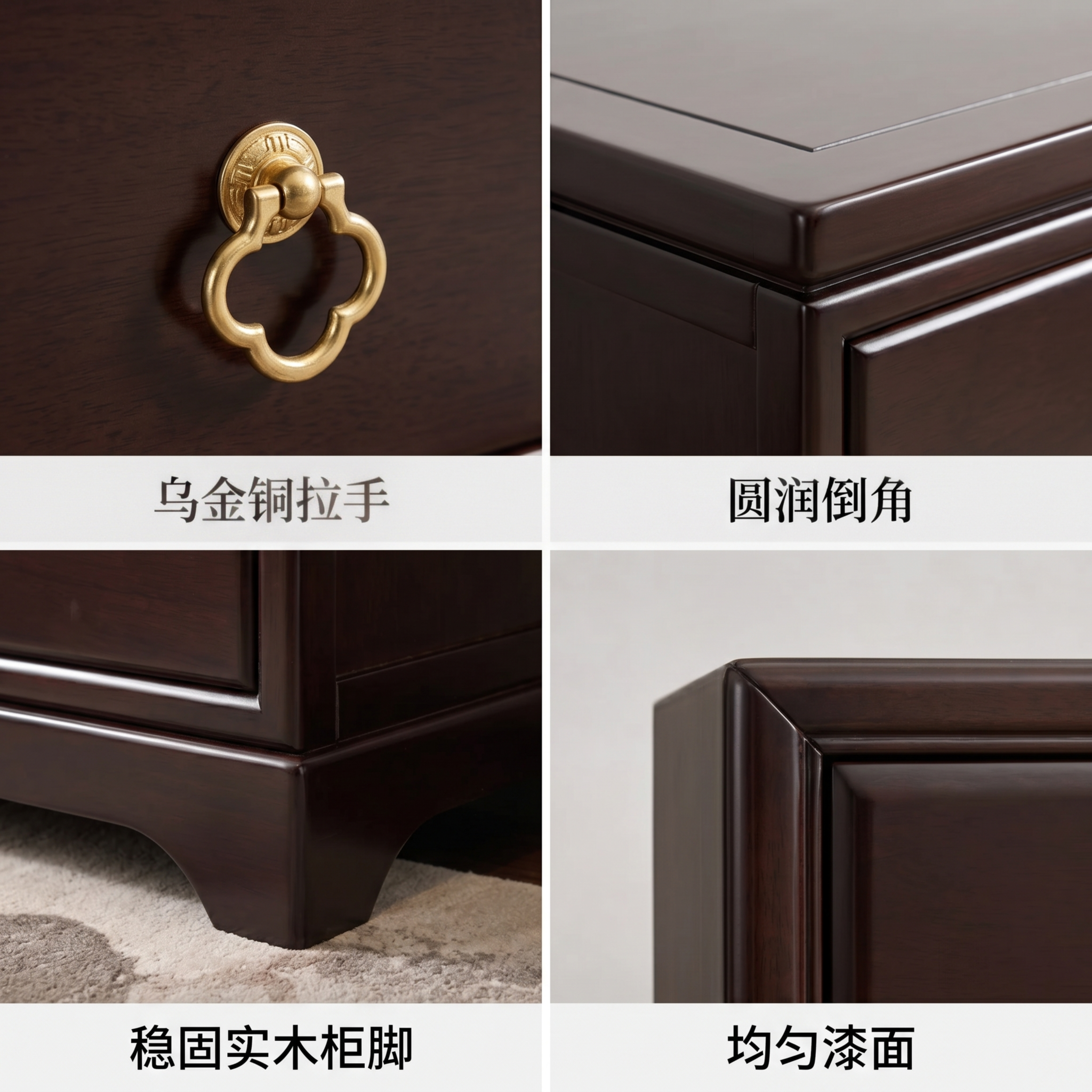 [主图-4] 新中式乌金色FAS级橡胶木床头柜工艺细节展示 [… - 图片创意预览