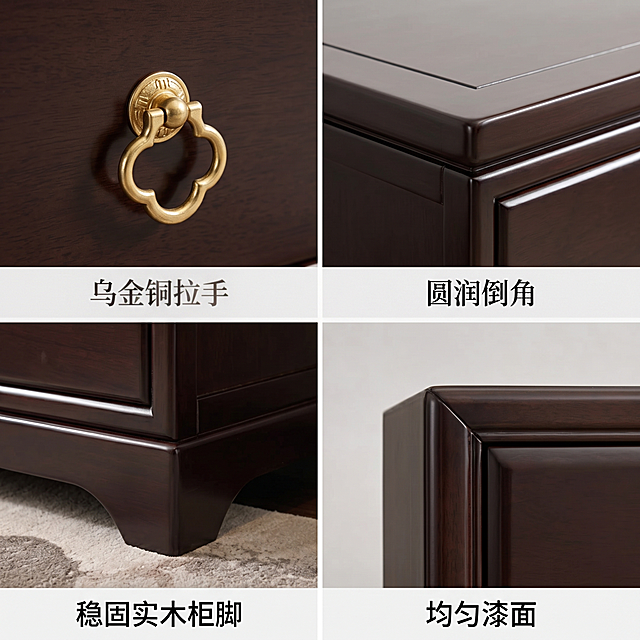 [主图-4] 新中式乌金色FAS级橡胶木床头柜工艺细节展示
[氛围风格] 精致工艺展示，高级质感
[画质] 商业摄影质感、光线柔和通透、产品清晰真实、画面干净高级
[元素] 采用四宫格布局，分别展示四个关键细节：第一格拉手细节，第二格抽屉边缘，第三格底部柜脚，第四格漆面封边。每个细节都取自产品原图，保持每个细节的材质颜色与原图一致，杜绝变形色差。画面满屏无边框，四宫格间距均匀
[光影] 每个细节都使用均匀柔和光线，清晰呈现工艺细节，明暗自然
[配色] 保持产品原有乌金深棕色+金色拉手配色，浅灰色背景衬托细节
[视角构图] 每个宫格都是细节特写视角，四宫格均匀分布
[文字版式] 每个宫格底部直接贴短标签：第一格「乌金铜拉手」，第二格「圆润倒角」，第三格「稳固实木柜脚」，第四格「均匀漆面」，标签文字白色清晰，不遮挡细节
[比例分辨率] 1:1比例，4k分辨率，文字清晰锐利，画面超高清
[负向提示词] 变形，水印，文字错乱，产品图模糊，背景杂乱