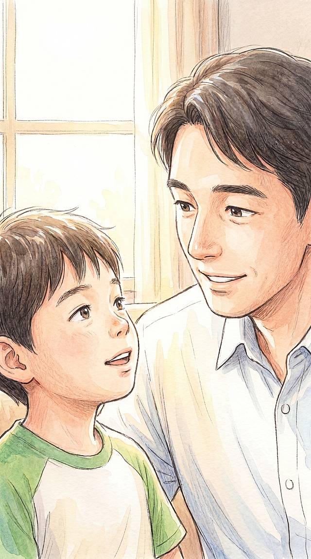 竖屏9:16，治愈系漫画插画风，近景画面，爸爸专注地看着儿子听他说话，儿子表情明显比前面放松，眼神更有安全感，柔和暖光，氛围温暖安静，近景构图，突出“心也在”的感觉，画面干净，有故事感，不要文字，不要logo，不要水印，不要真人照片感，不要夸张表情，不要杂乱背景