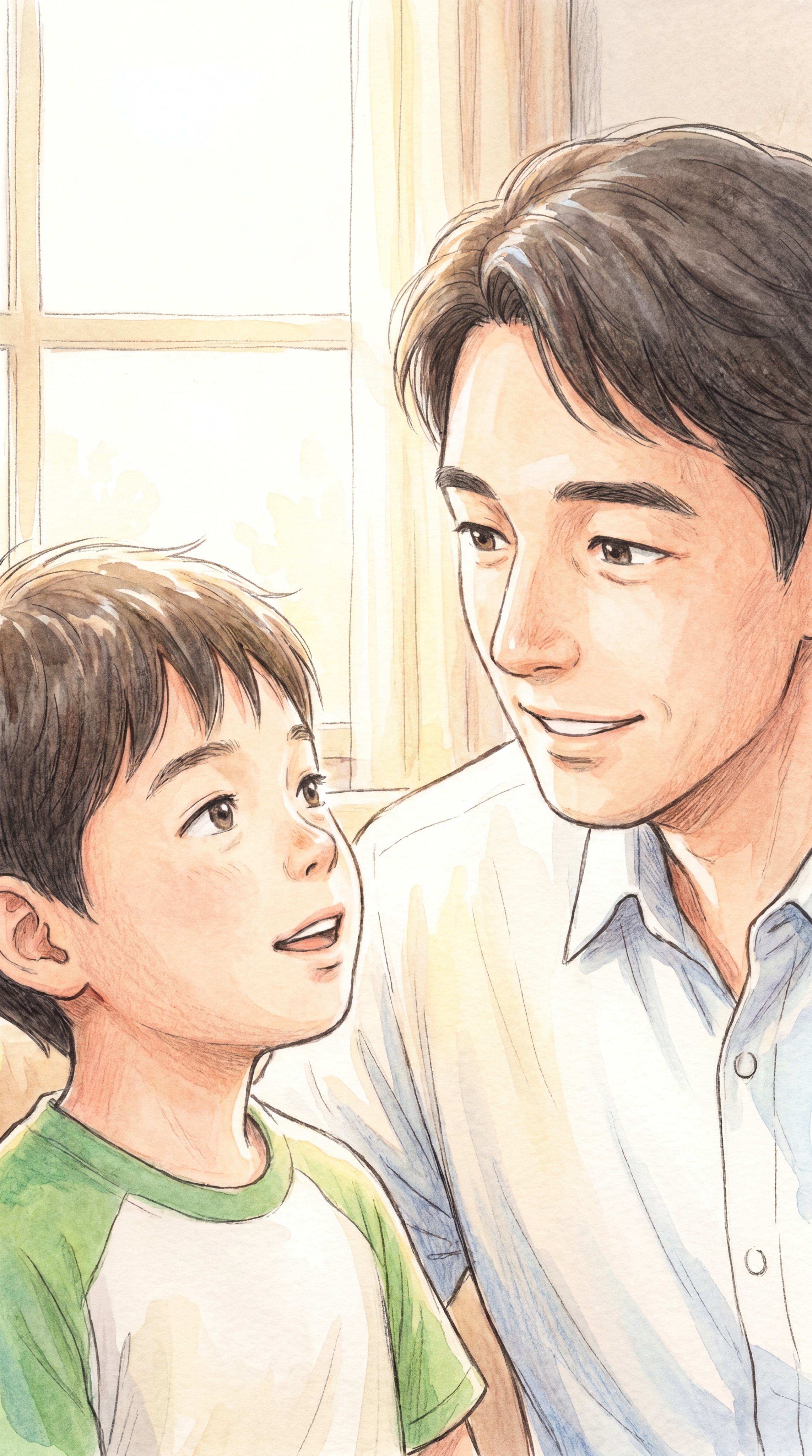 竖屏9:16，治愈系漫画插画风，近景画面，爸爸专注地看着儿子听… - 图片创意预览