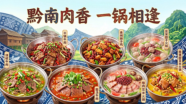 2:1横版贵州美食海报，标题固定为“黔南肉香 一锅相逢”，设计创意字体，包含菜品：烧椒牛肉，干锅牛肉，酸汤牛肉，贵州辣子鸡，豆米圆子火锅，腊肉豆米火锅，腊猪脚豆米火锅。参考提供的菜品截图还原真实质感，保持菜品真实感和食欲感，整体按火锅样式排版，个性风格排版，版面简洁清晰，明亮背景，背景融入贵州苗族蜡染、千户苗寨等贵州特色元素