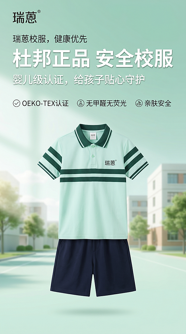 商品营销海报，写实商业摄影，简约清新校园风，9:16比例，版式精美。主标题"杜邦正品 安全校服"，副标题"婴儿级认证，给孩子贴心守护"，装饰文案"瑞蒽校服，健康优先"，卖点：OEKO-TEX认证，无甲醛无荧光，亲肤安全。100%还原上传商品图的瑞蒽小学校服外形、包装、LOGO、印刷文字，以上传图为唯一商品主体来源，完整保留原图中的polo衫和短裤外形、轮廓、结构、比例、品牌logo、材质质感、颜色与朝向。产品作为主体居中展示，背景为浅薄荷绿渐变简约校园场景，顶部自然光侧前方柔光，整体色调清新柔和，分辨率超高清，文字不遮挡主体，所有文字清晰可读，排版分区合理，突出校服安全性优势。