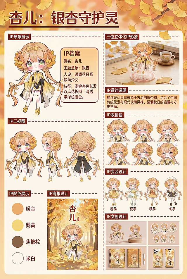 IP形象展板设计，A3竖版，整体排版参考最后一张示例图，分区排版，包含以下内容：IP形象展示，IP档案，IP三视图，三位立体化IP形象，IP设计说明，IP表情包，IP变装设计，IP配色展示，IP海报设计，文创产品设计，IP姓名"杏儿"，主题意象银杏，软萌Q版古风少女，暖调秋日系人设，浅金杏色长发双麻花长辫，清透嫩绿色瞳色，代表色暖金、鹅黄、焦糖棕、米白，整体色调暖秋银杏色系，排版精美清晰，信息分区明确，软萌二次元插画风格，分辨率300DPI
