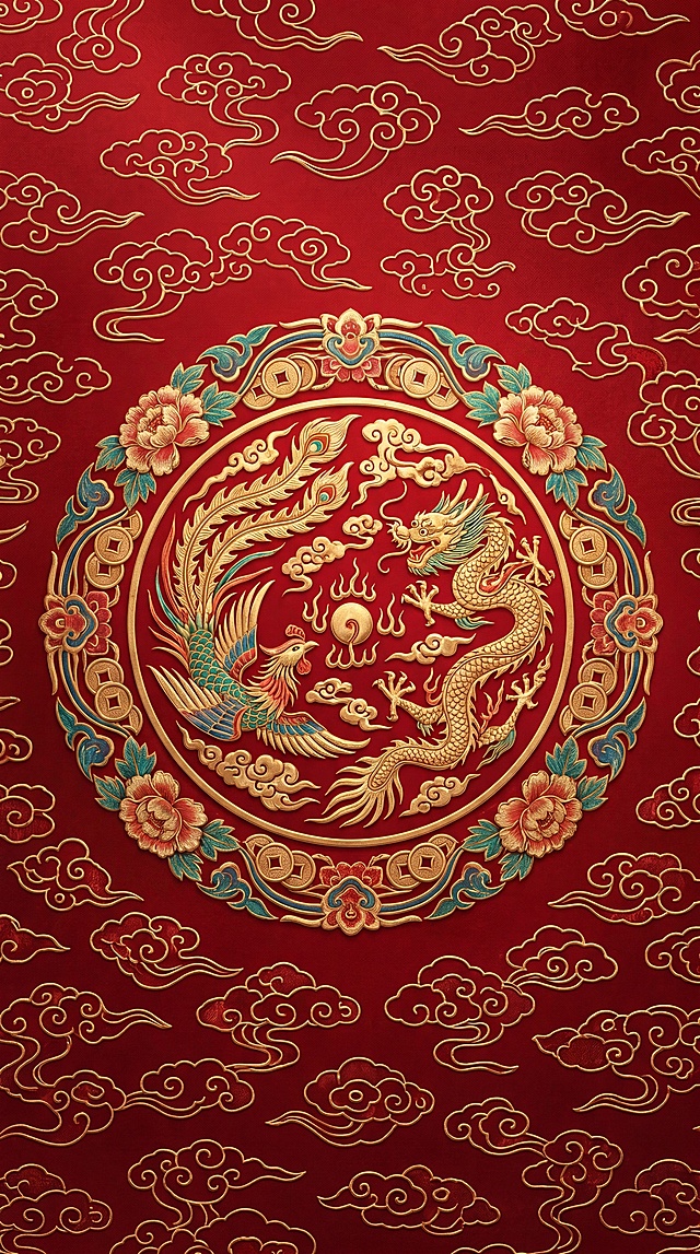 吉祥喜庆风格平面设计，传统正红色背景奠定喜庆基调提升高级感，背景融入祥云图案，搭配龙凤呈祥装饰图案，整体兼顾长辈仪式感与高级调性，8K高清，细节细腻，真实质感