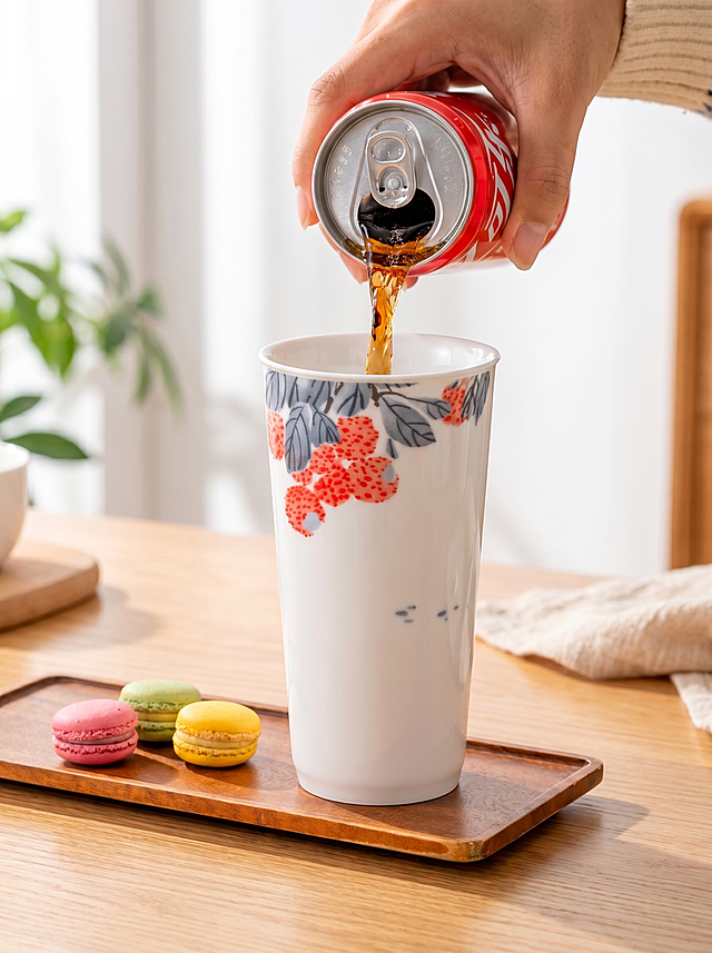 [主图-7] Daily living scene display - pouring cola demonstration. Real life scene, natural atmosphere, strong substitution. Commercial photography texture, natural bright light, real picture, clean and comfortable. A hand is pouring cola from a red can into this ceramic cola cup, the cup is placed on a wooden tray on the dining table, and a few macarons are placed next to it as props. Keep the cup appearance, pattern, color exactly the same as the input product image, the overall scene is a clean modern home dining table environment. The picture is full, no border. Natural window soft light, warm tone, the liquid pouring state is clear, the cup glaze reflects naturally, the light is transparent and not grey. Wood color warm, white wall, the cup's red blue pattern is the visual focus, natural color matching. According to cross-border rules, no extra marketing text. Eye-level perspective, capture the moment of use, natural depth of field. 3:4 ratio, 4k resolution, super high definition. Negative prompts: Deformation, text disorder, blurred product image, messy background, watermark, e-commerce platform Logo, extra text.