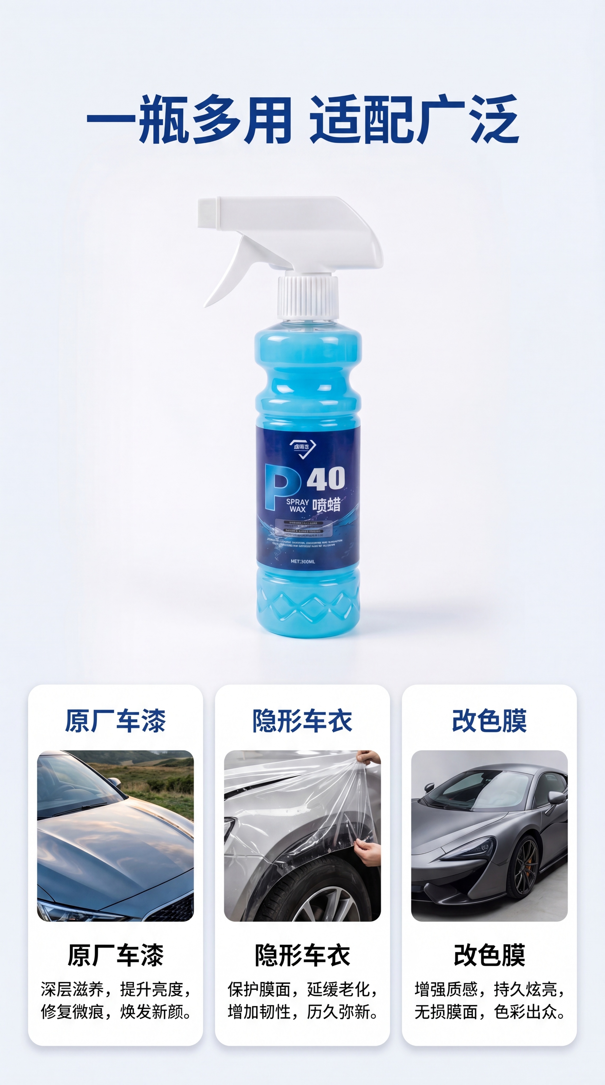 [第7屏] 多场景适配展示，本产品适用于多种车漆和车衣。本屏使… - 图片创意预览