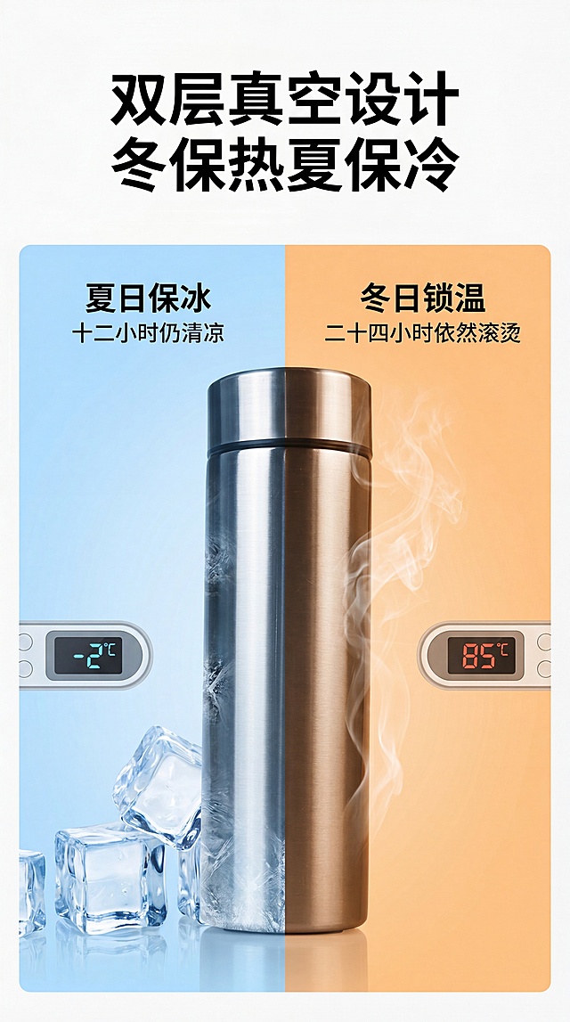 [第4屏] 保温保冷功能演示，展示西武保温杯双层真空设计的长效保温能力。
[氛围/风格] 对比实验风，干净专业，突出功能效果，商业摄影质感。
[元素布局] 页面上下结构，上半部分标题，下半部分左右对比布局：左侧展示装热水后杯壁冰凉，右侧展示24小时后水温仍达标；中间保留西武保温杯主体产品，使用【图2】原图，保持产品外观不变；背景搭配冷热氛围元素，左侧用浅蓝色冰块元素体现保冷，右侧用橙色热气元素体现保温。
[光影质感] 整体布光均匀，主体产品清晰，左右对比区域明暗适度，视觉层次分明。
[配色色系] 全局底色 #FAFAFA，左侧冷调蓝色点缀，右侧暖调橙色点缀，产品保持原有银色不锈钢质感。
[视角构图] 主体产品居中，左右分栏对比，标题在上方，阅读从上到下自然流畅。
[文字版式] 顶部主标题「双层真空设计 冬保热夏保冷」，左侧副标题「夏日保冰 十二小时仍清凉」，右侧副标题「冬日锁温 二十四小时依然滚烫」，文字清晰排版工整，不遮挡主体产品。
[比例分辨率] 9:16，4K，文字清晰可辨。
[负向提示词] 产品变形，颜色偏差，文字错乱，水印，对比不清晰。