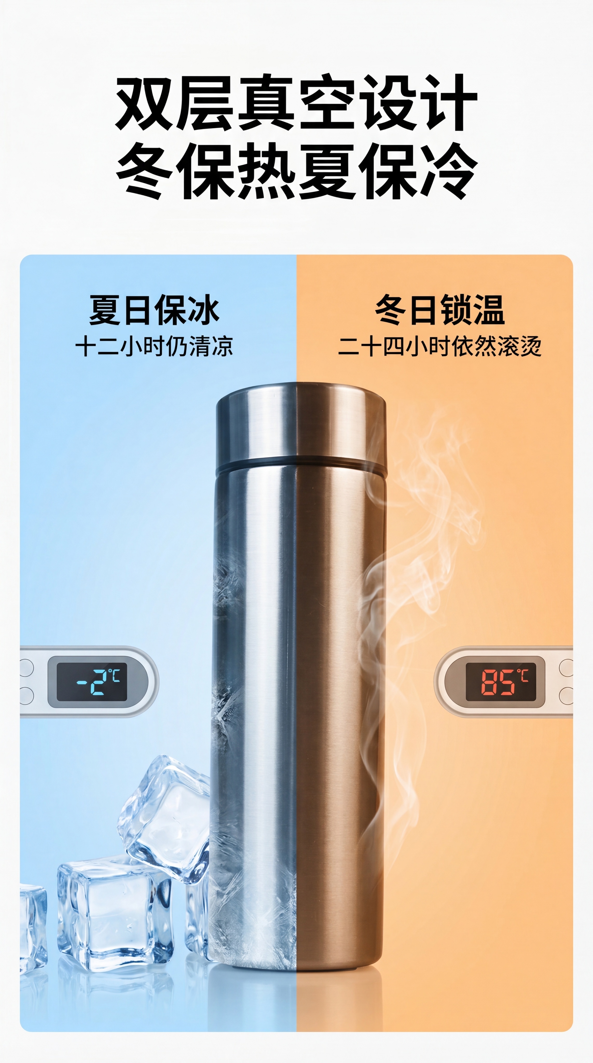 [第4屏] 保温保冷功能演示，展示西武保温杯双层真空设计的长效… - 图片创意预览