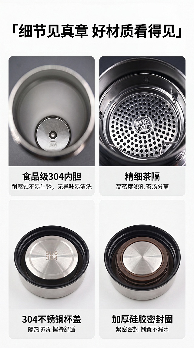 [第3屏] 结构材质四宫格解析，展示西武保温杯四大核心结构优势。本屏使用四张细节图分别展示内胆、茶隔、杯盖、密封圈。
[氛围/风格] 专业解析风，微距质感，每个细节清晰突出，整体简约高级。
[元素布局] 页面顶部大标题，下方为四宫格布局，每个格子放一个细节特写并配文字说明，从上到下从左到右依次：第一格【食品级304内胆】使用【图7】原图，说明"耐腐蚀不易生锈，无异味易清洗"；第二格【精细茶隔】使用【图6】原图，说明"高密度滤孔 茶汤分离"；第三格【304不锈钢杯盖】使用【图8】原图，说明"隔热防烫 握持舒适"；第四格【加厚硅胶密封圈】使用【图3】原图，说明"紧密密封 倒置不漏水"。每个格子产品细节保持原材质、结构、颜色一致。
[光影质感] 每个格子中心打光，突出细节纹理，明暗对比清晰，金属拉丝质感表现到位。
[配色色系] 全局底色 #F8F8F8，黑色标题文字，深灰说明文字，保持产品原有金属银色和黑色。
[视角构图] 每个格子内细节居中特写，整体信息排版舒朗，四宫格对齐工整。
[文字版式] 顶部通栏大标题「细节见真章 好材质看得见」，每个格子标题在上，说明在下，文字清晰不遮挡细节，适合移动端阅读。
[比例分辨率] 9:16，4K，文字清晰可辨。
[负向提示词] 细节变形，材质失真，颜色偏差，文字错乱，水印，背景杂乱。